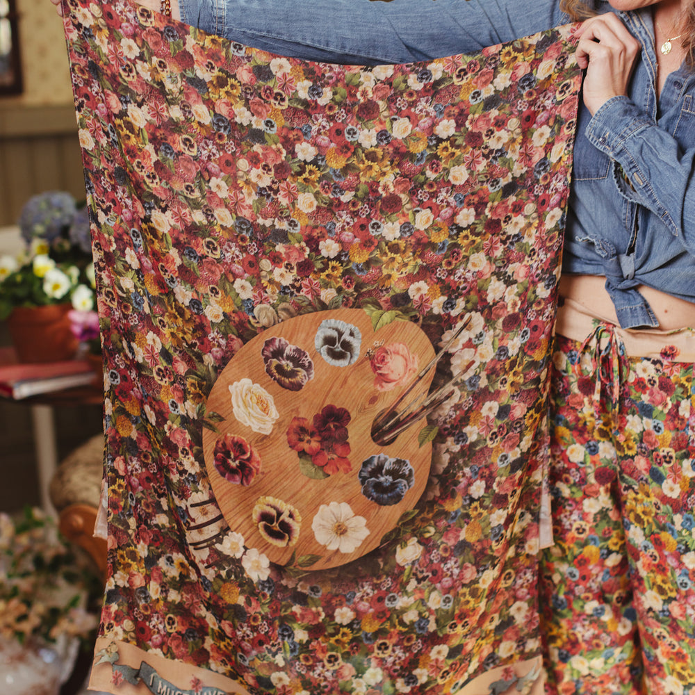 Soft viscose scarf featuring a vintage artist’s paint palette with floral details and over 50 layered blooms from 1800’s seed catalogues, inspired by Claude Monet – Market of Stars