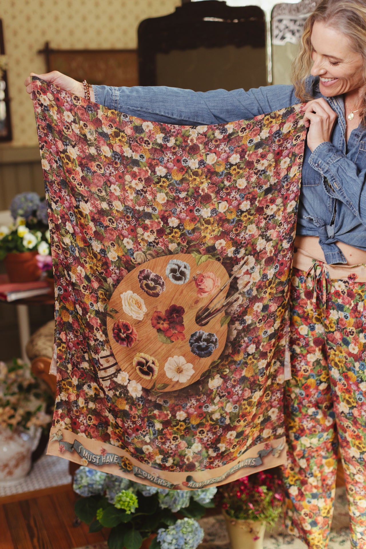 Soft viscose scarf featuring a vintage artist’s paint palette with floral details and over 50 layered blooms from 1800’s seed catalogues, inspired by Claude Monet – Market of Stars