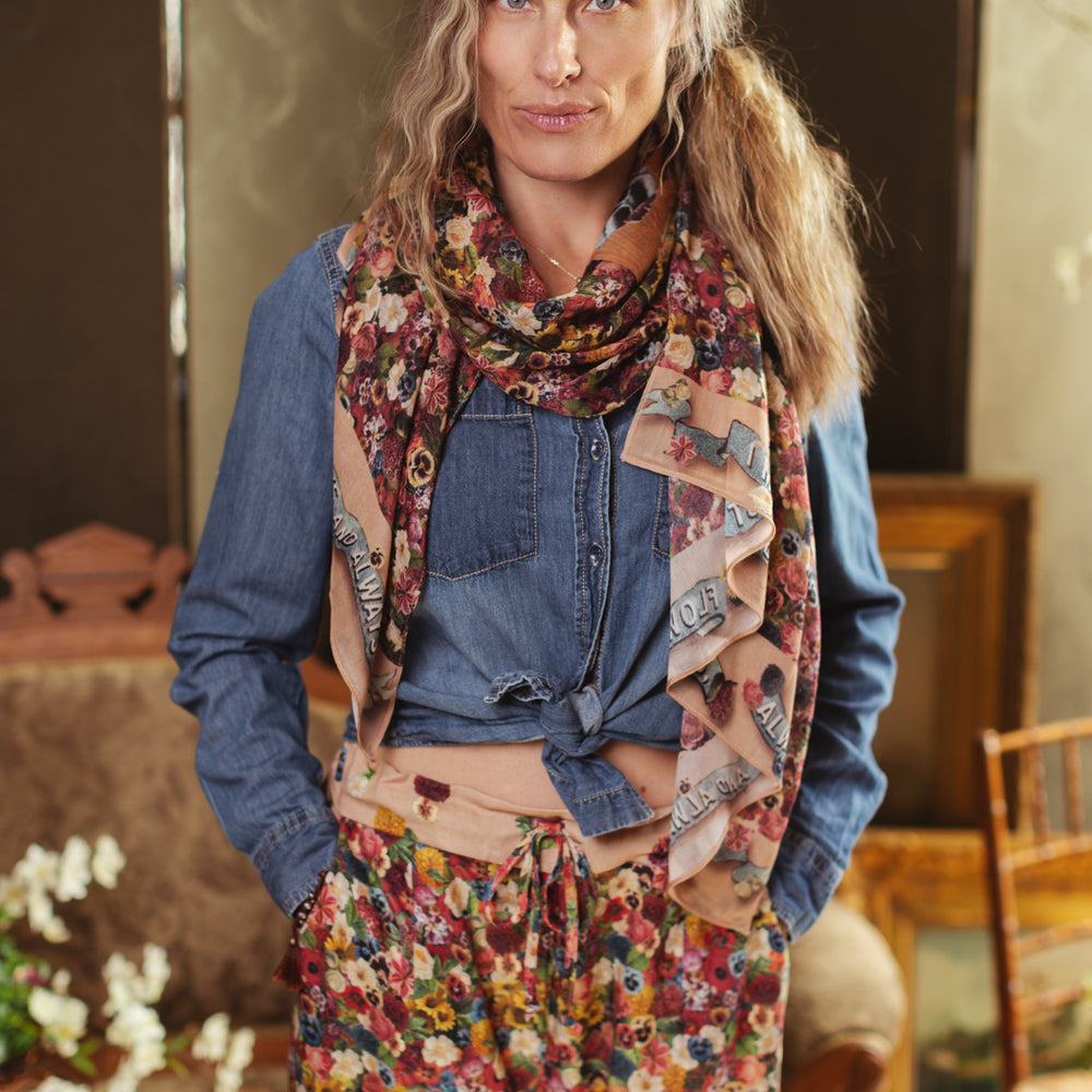 Soft viscose scarf featuring a vintage artist’s paint palette with floral details and over 50 layered blooms from 1800’s seed catalogues, inspired by Claude Monet – Market of Stars