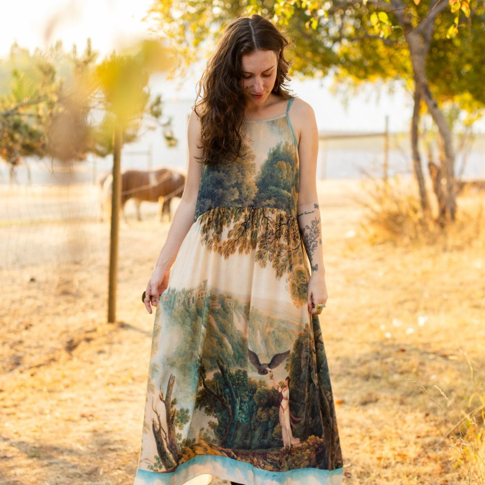 Soft bamboo viscose Bohéme slip dress featuring 18th-century Tivoli waterfalls and Lady Liberty artwork, designed to celebrate self-love and personal power – Market of Stars.