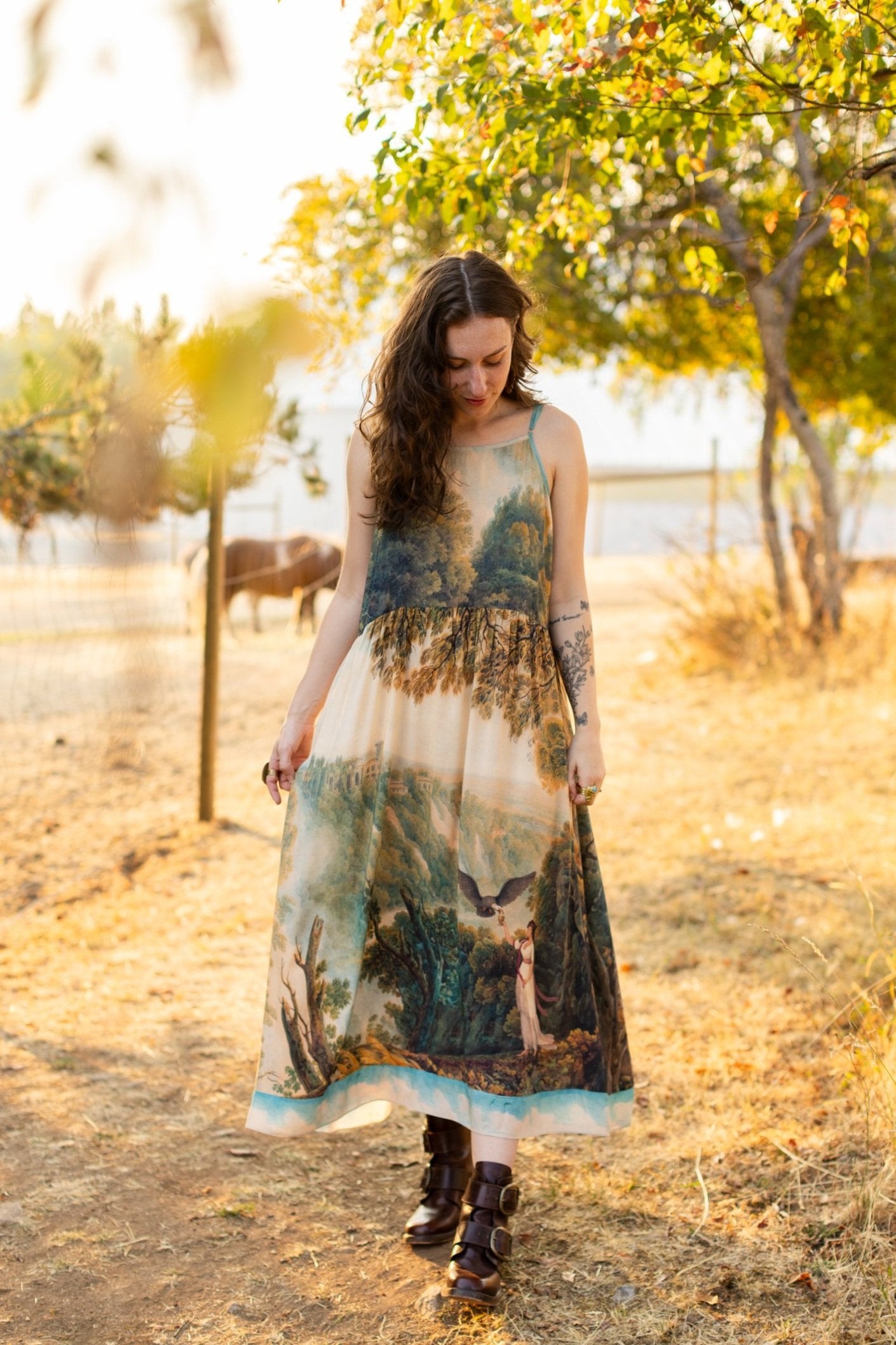 Soft bamboo viscose Bohéme slip dress featuring 18th-century Tivoli waterfalls and Lady Liberty artwork, designed to celebrate self-love and personal power – Market of Stars.