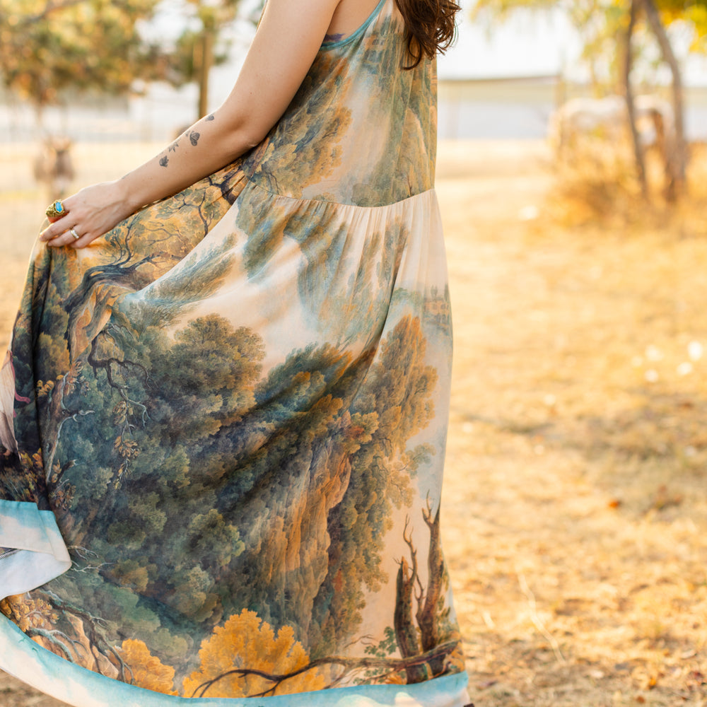 Soft bamboo viscose Bohéme slip dress featuring 18th-century Tivoli waterfalls and Lady Liberty artwork, designed to celebrate self-love and personal power – Market of Stars.