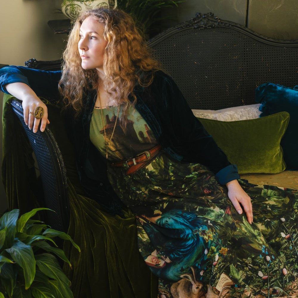
                  
                    A romantic bamboo-based viscose slip dress featuring a moonlit river scene, a seated woman painted by Dante Gabriel Rossetti, and a hidden quote from a 1700s ring – Market of
                  
                