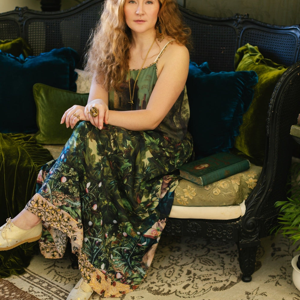 
                  
                    A romantic bamboo-based viscose slip dress featuring a moonlit river scene, a seated woman painted by Dante Gabriel Rossetti, and a hidden quote from a 1700s ring – Market of
                  
                