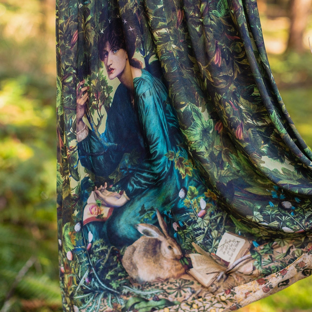 
                  
                    A romantic bamboo-based viscose slip dress featuring a moonlit river scene, a seated woman painted by Dante Gabriel Rossetti, and a hidden quote from a 1700s ring – Market of
                  
                