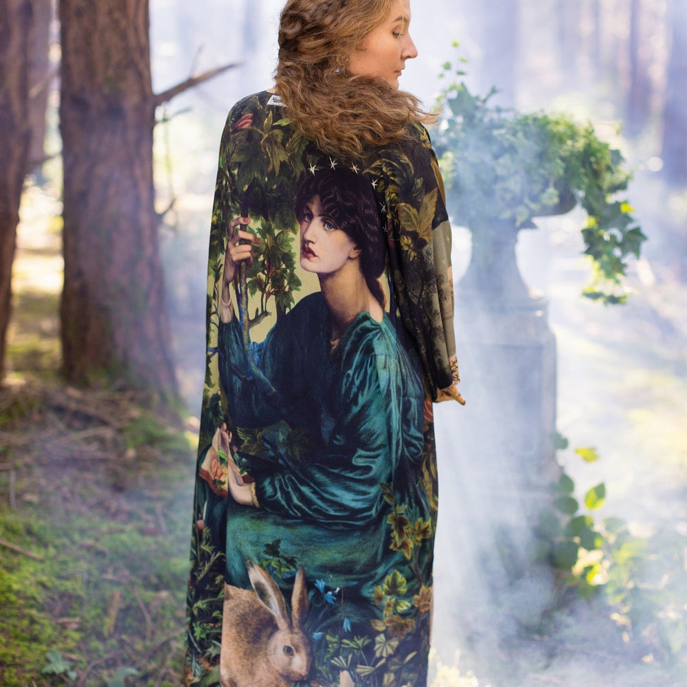 
                  
                    Romantic Bella Notte opera duster featuring Rossetti’s muse, a 16th-century rabbit, moonlit landscapes, and floral trim by William Morris – Market of Stars.
                  
                