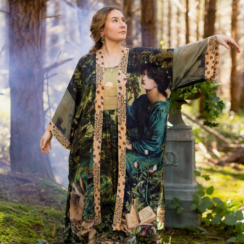 
                  
                    Romantic Bella Notte opera duster featuring Rossetti’s muse, a 16th-century rabbit, moonlit landscapes, and floral trim by William Morris – Market of Stars.
                  
                