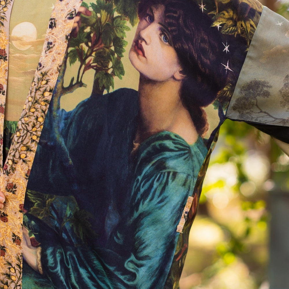 
                  
                    Romantic Bella Notte opera duster featuring Rossetti’s muse, a 16th-century rabbit, moonlit landscapes, and floral trim by William Morris – Market of Stars.
                  
                