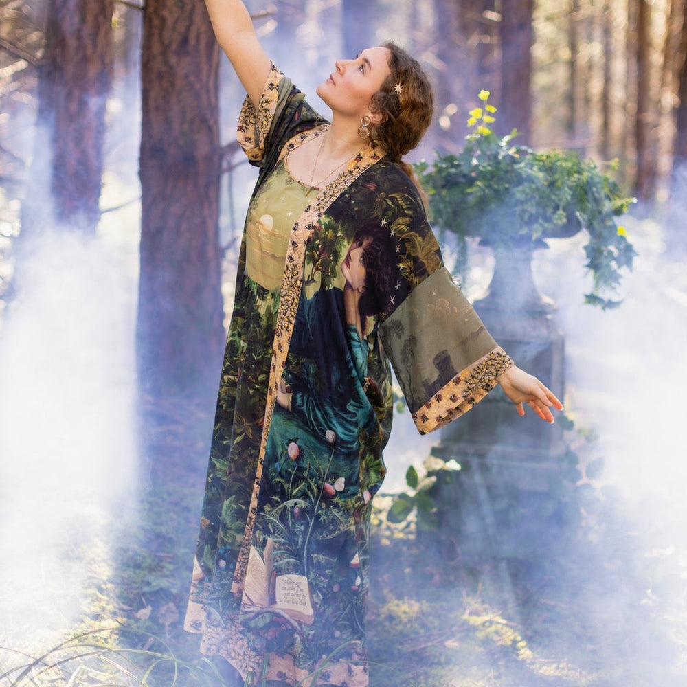 
                  
                    Romantic Bella Notte opera duster featuring Rossetti’s muse, a 16th-century rabbit, moonlit landscapes, and floral trim by William Morris – Market of Stars.
                  
                