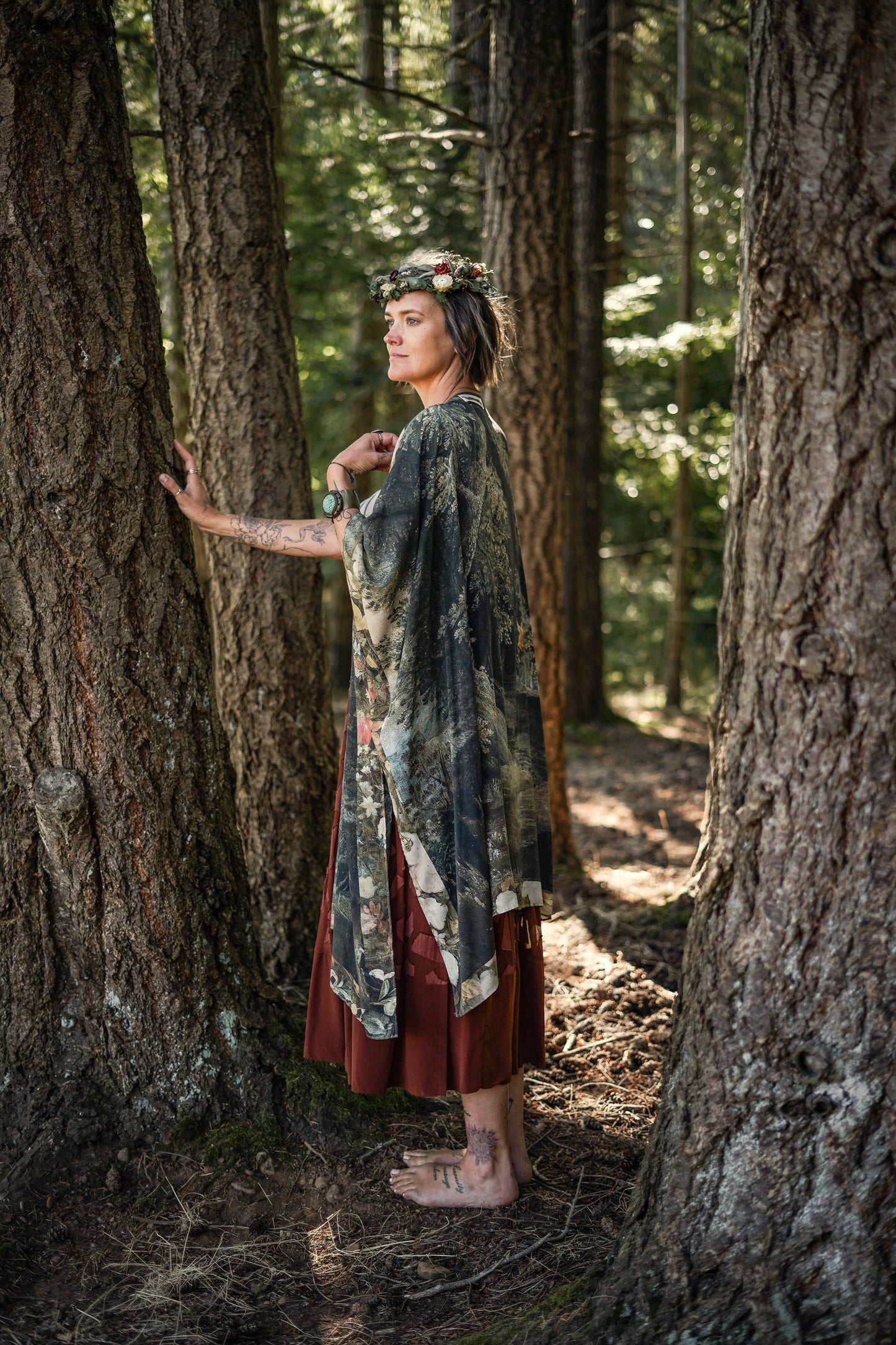 Castles in the Air Starduster kimono featuring Brueghel’s 1600s landscape, classical ruins, and joyful swing scene on bamboo-based viscose – Market of Stars.
