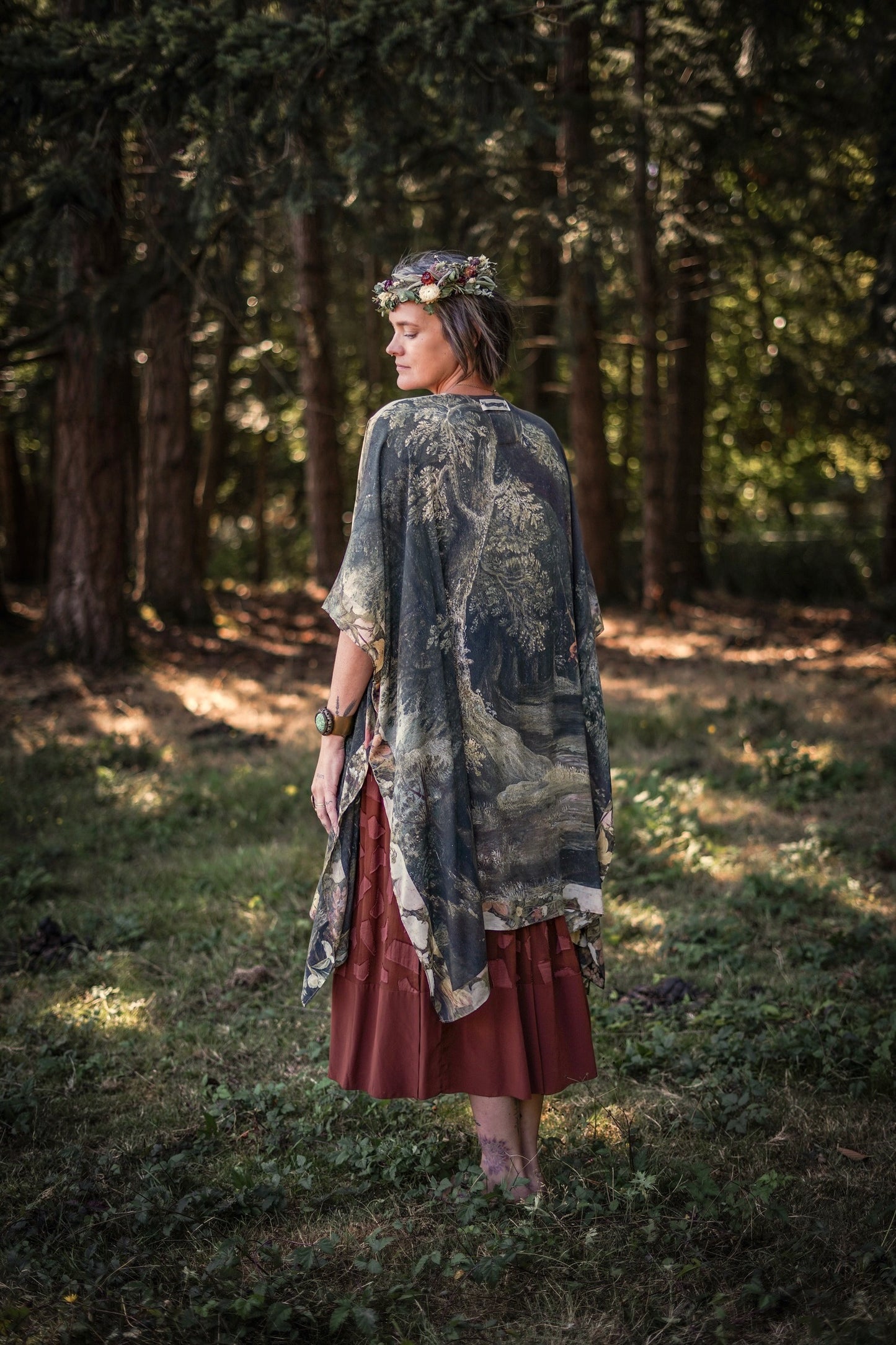 Castles in the Air Starduster kimono featuring Brueghel’s 1600s landscape, classical ruins, and joyful swing scene on bamboo-based viscose – Market of Stars.