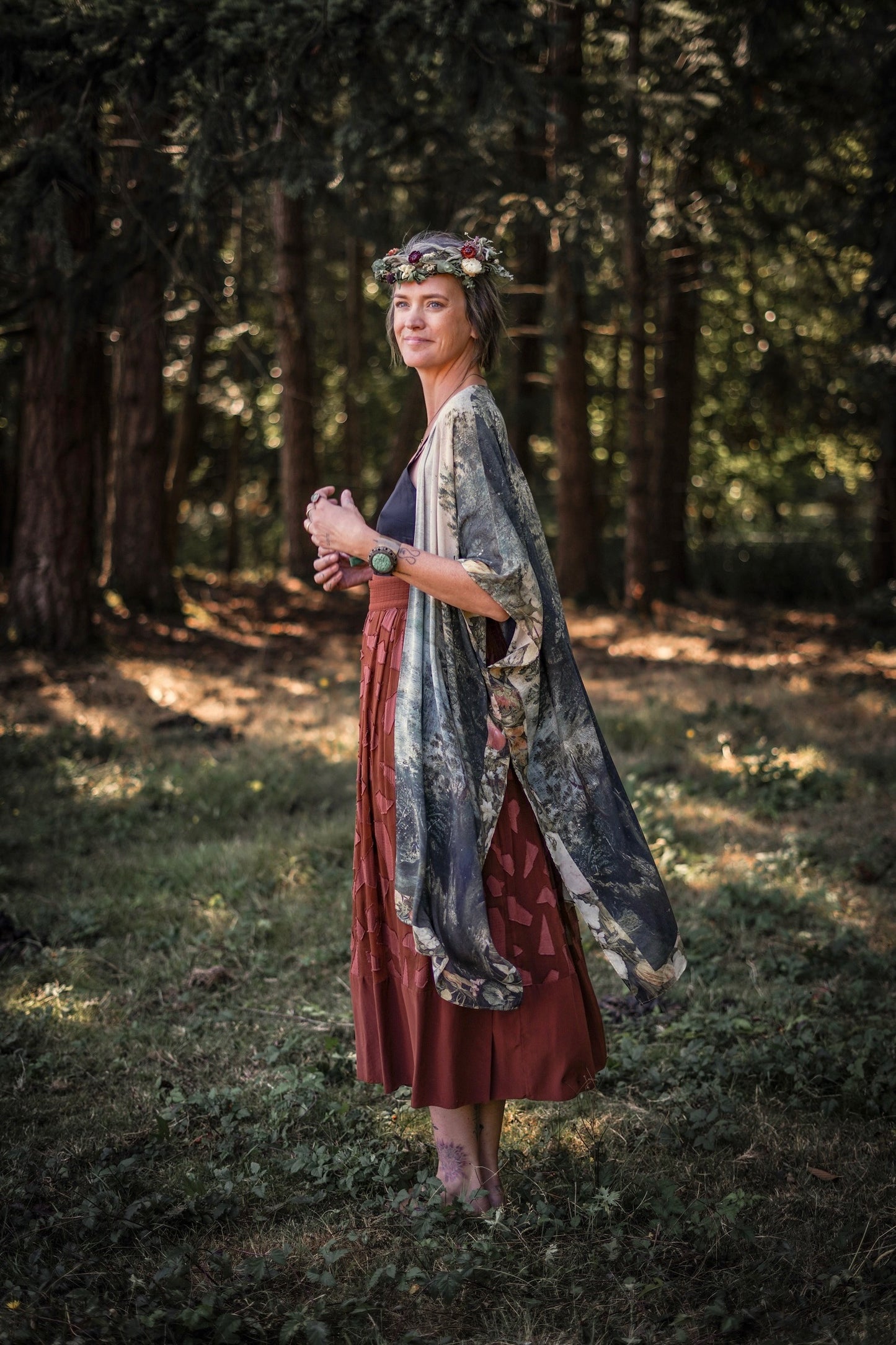 Castles in the Air Starduster kimono featuring Brueghel’s 1600s landscape, classical ruins, and joyful swing scene on bamboo-based viscose – Market of Stars.