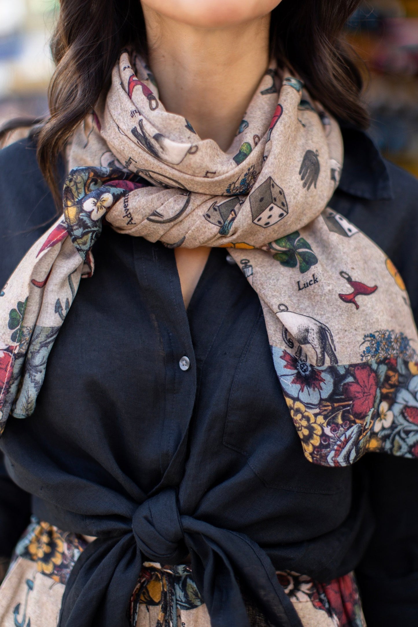 Charmed Life Scarf featuring whimsical Victorian good luck symbols and floral trim on soft, airy bamboo & wood viscose fabric – Market of Stars.