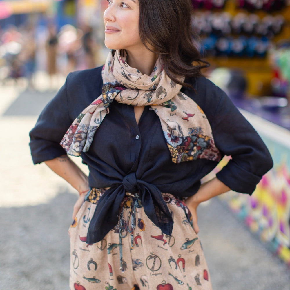 Charmed Life Scarf featuring whimsical Victorian good luck symbols and floral trim on soft, airy bamboo & wood viscose fabric – Market of Stars.