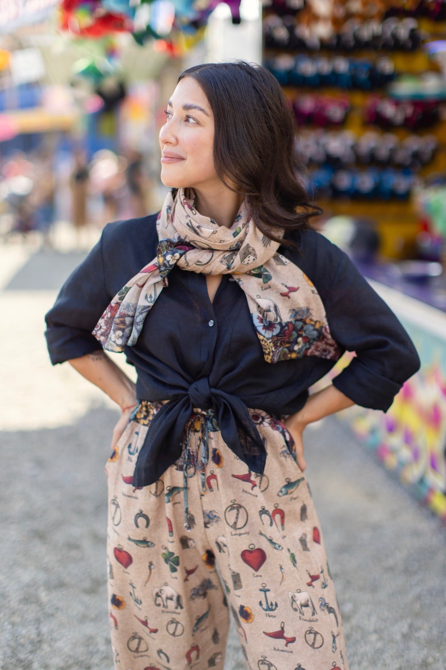 Charmed Life Scarf featuring whimsical Victorian good luck symbols and floral trim on soft, airy bamboo & wood viscose fabric – Market of Stars.