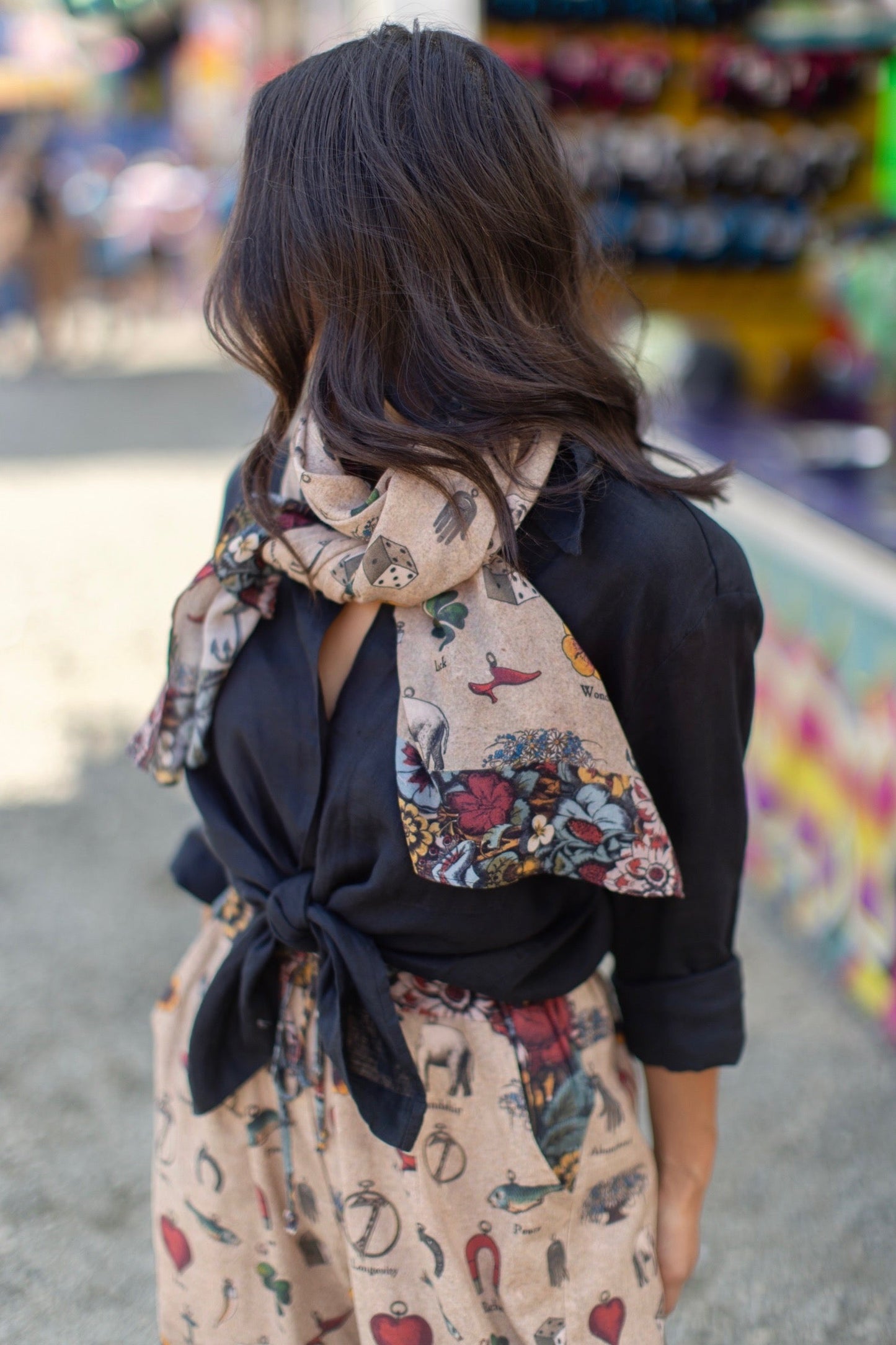 Charmed Life Scarf featuring whimsical Victorian good luck symbols and floral trim on soft, airy bamboo & wood viscose fabric – Market of Stars.