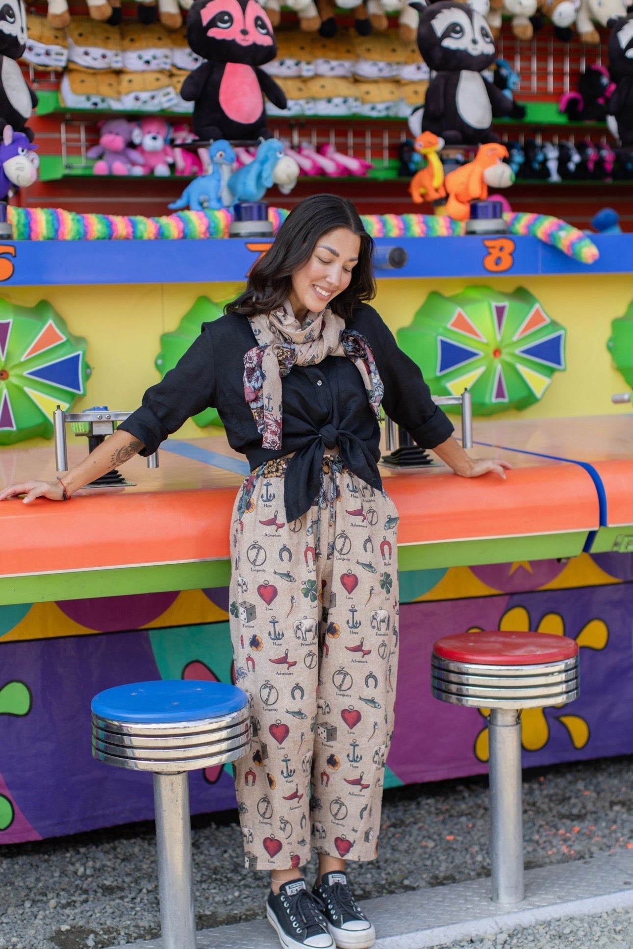 Charmed Life Scarf featuring whimsical Victorian good luck symbols and floral trim on soft, airy bamboo & wood viscose fabric – Market of Stars.