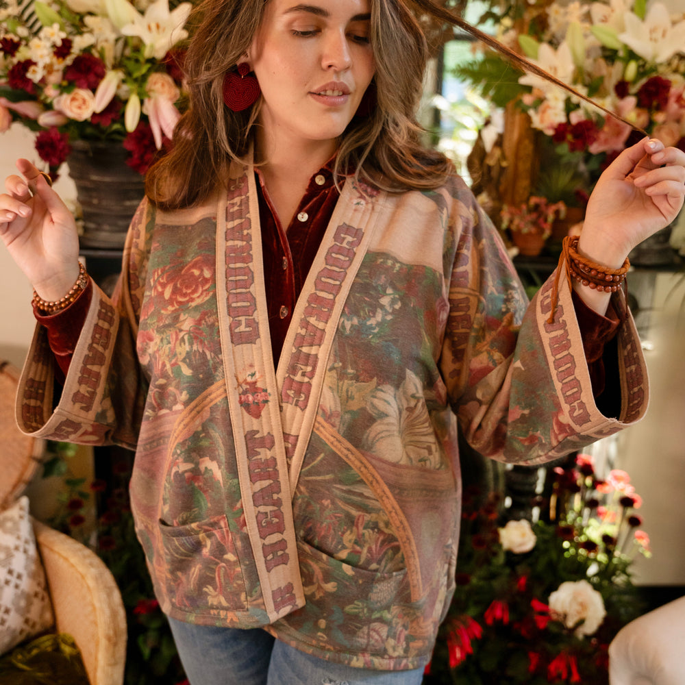 Cozy Courage Dear Heart Cottage Jacket featuring Victorian Sacred Heart art, hidden affirmations of courage and love, and soft fleece lining for cooler days – Market of Stars.