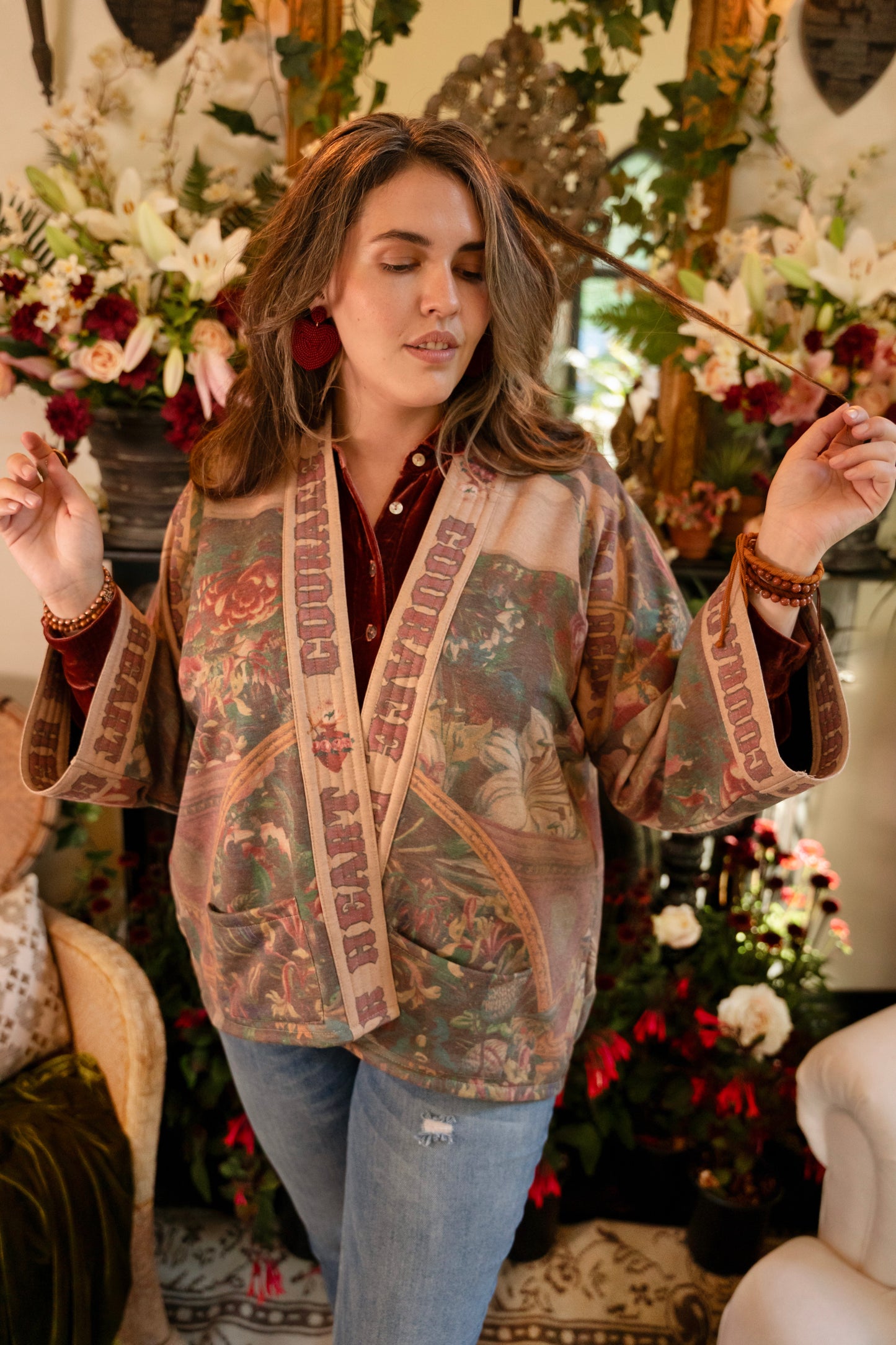 Cozy Courage Dear Heart Cottage Jacket featuring Victorian Sacred Heart art, hidden affirmations of courage and love, and soft fleece lining for cooler days – Market of Stars.