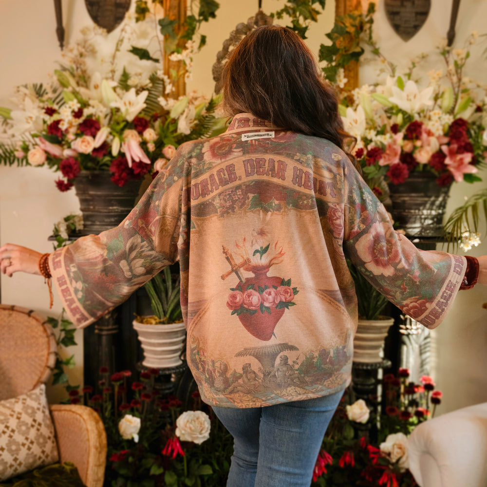 Cozy Courage Dear Heart Cottage Jacket featuring Victorian Sacred Heart art, hidden affirmations of courage and love, and soft fleece lining for cooler days – Market of Stars.