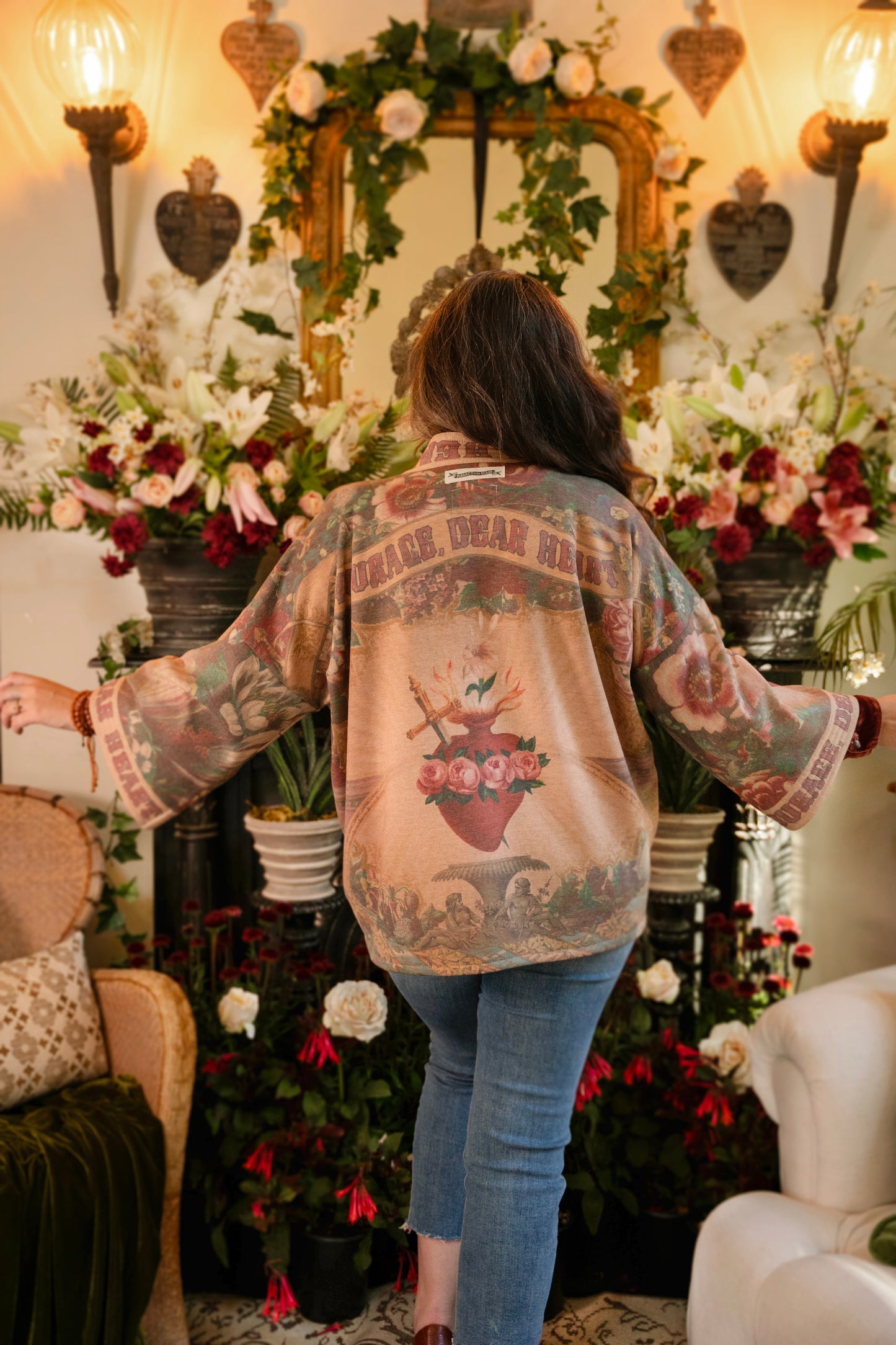 Cozy Courage Dear Heart Cottage Jacket featuring Victorian Sacred Heart art, hidden affirmations of courage and love, and soft fleece lining for cooler days – Market of Stars.