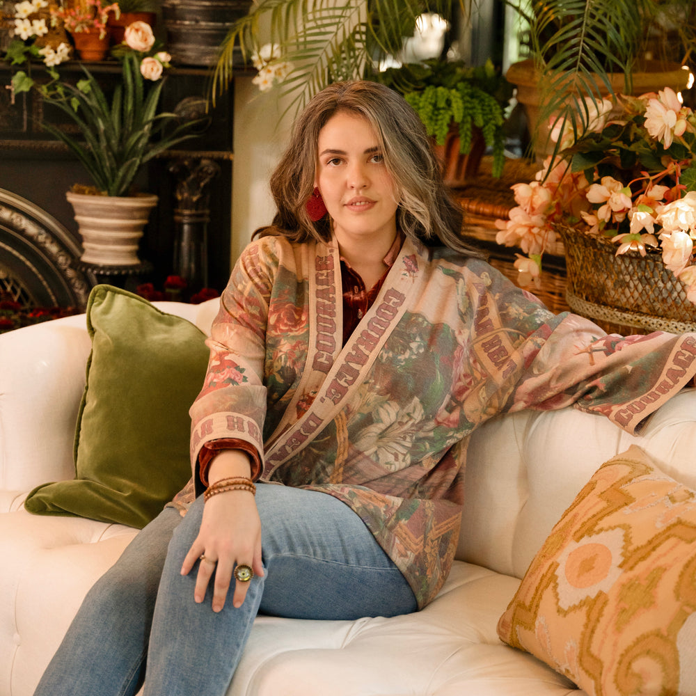
                  
                    Cozy Courage Dear Heart Cottage Jacket featuring Victorian Sacred Heart art, hidden affirmations of courage and love, and soft fleece lining for cooler days – Market of Stars.
                  
                