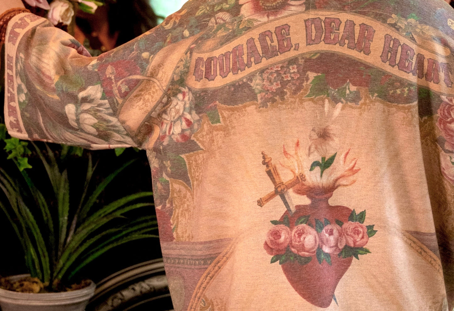 Cozy Courage Dear Heart Cottage Jacket featuring Victorian Sacred Heart art, hidden affirmations of courage and love, and soft fleece lining for cooler days – Market of Stars.