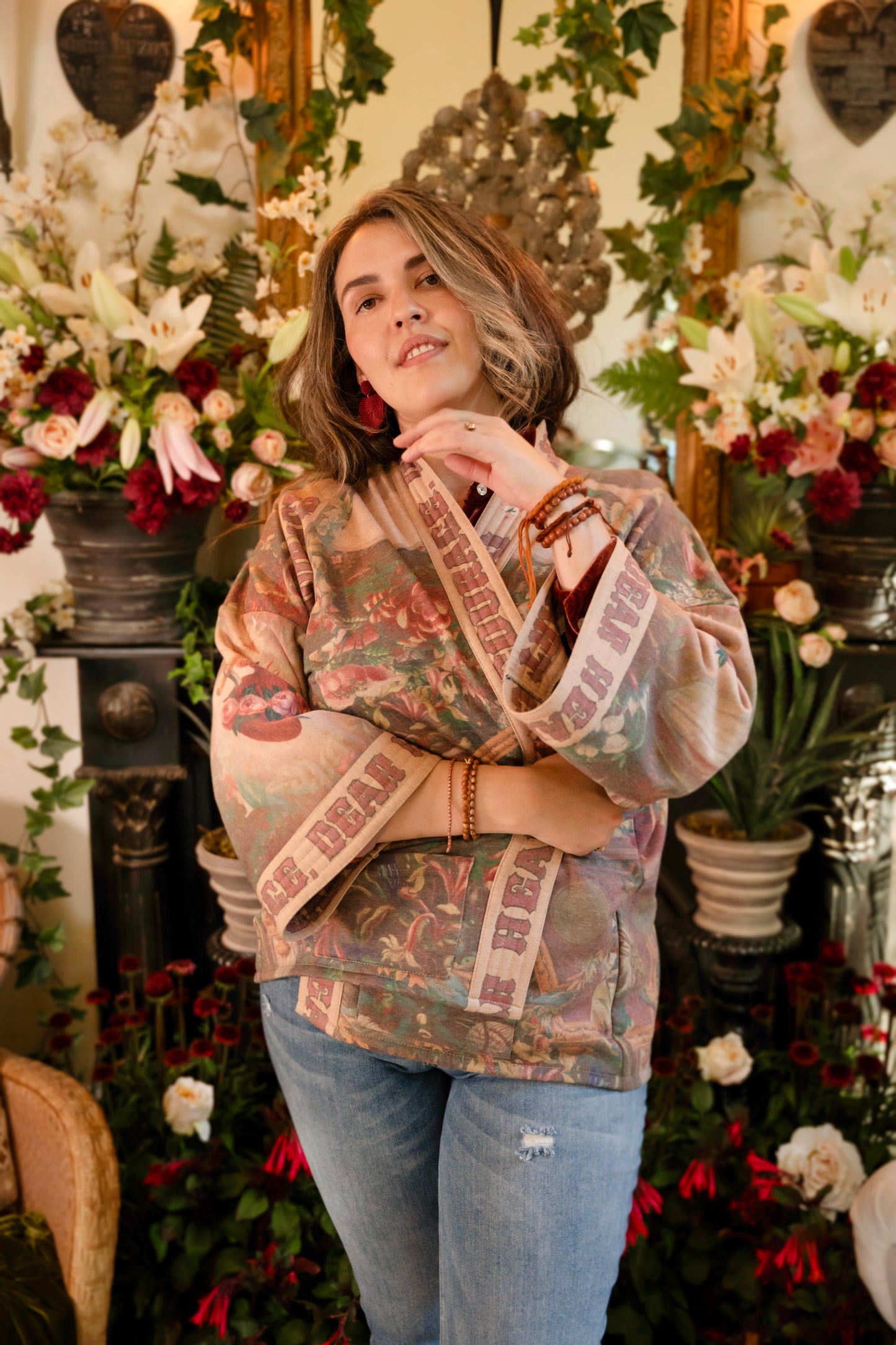 Cozy Courage Dear Heart Cottage Jacket featuring Victorian Sacred Heart art, hidden affirmations of courage and love, and soft fleece lining for cooler days – Market of Stars.
