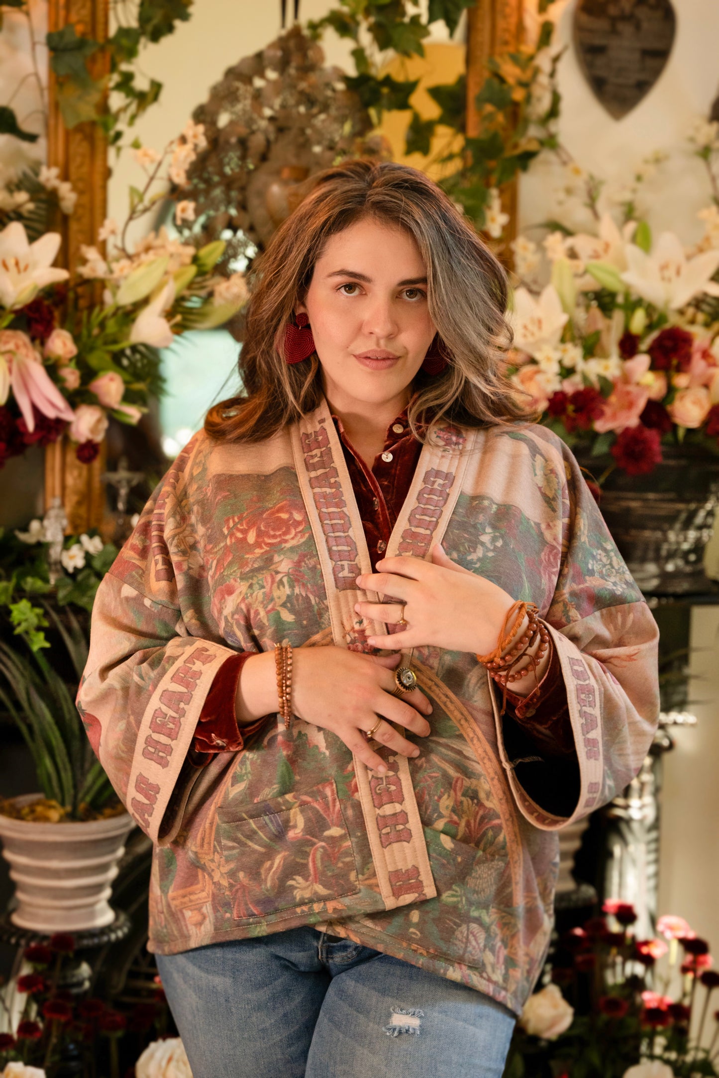 Cozy Courage Dear Heart Cottage Jacket featuring Victorian Sacred Heart art, hidden affirmations of courage and love, and soft fleece lining for cooler days – Market of Stars.
