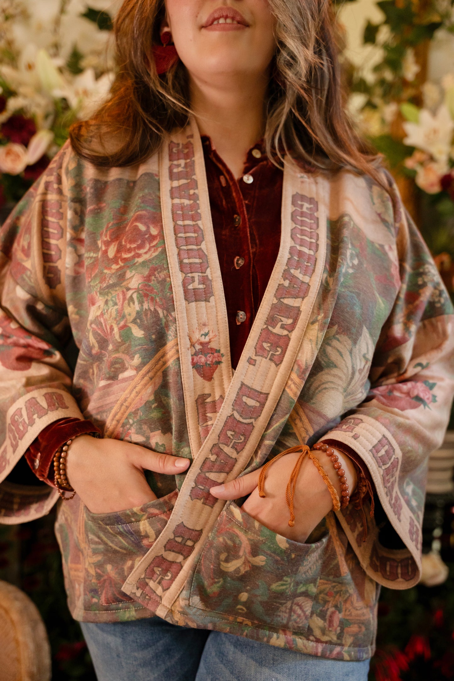 Cozy Courage Dear Heart Cottage Jacket featuring Victorian Sacred Heart art, hidden affirmations of courage and love, and soft fleece lining for cooler days – Market of Stars.