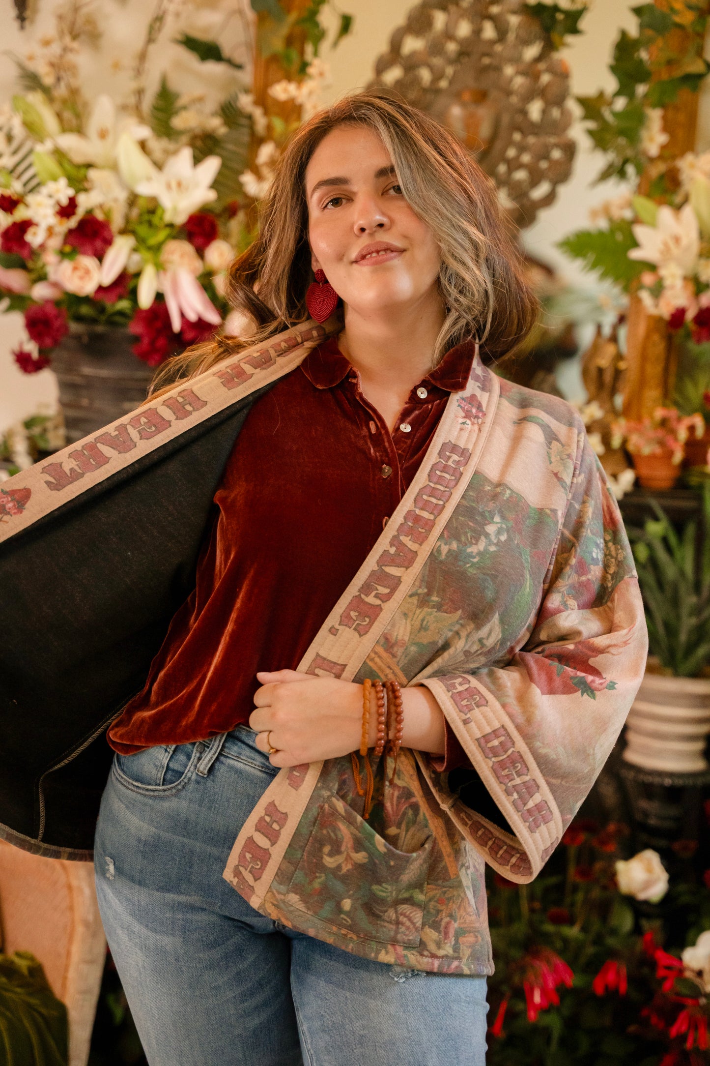 Cozy Courage Dear Heart Cottage Jacket featuring Victorian Sacred Heart art, hidden affirmations of courage and love, and soft fleece lining for cooler days – Market of Stars.