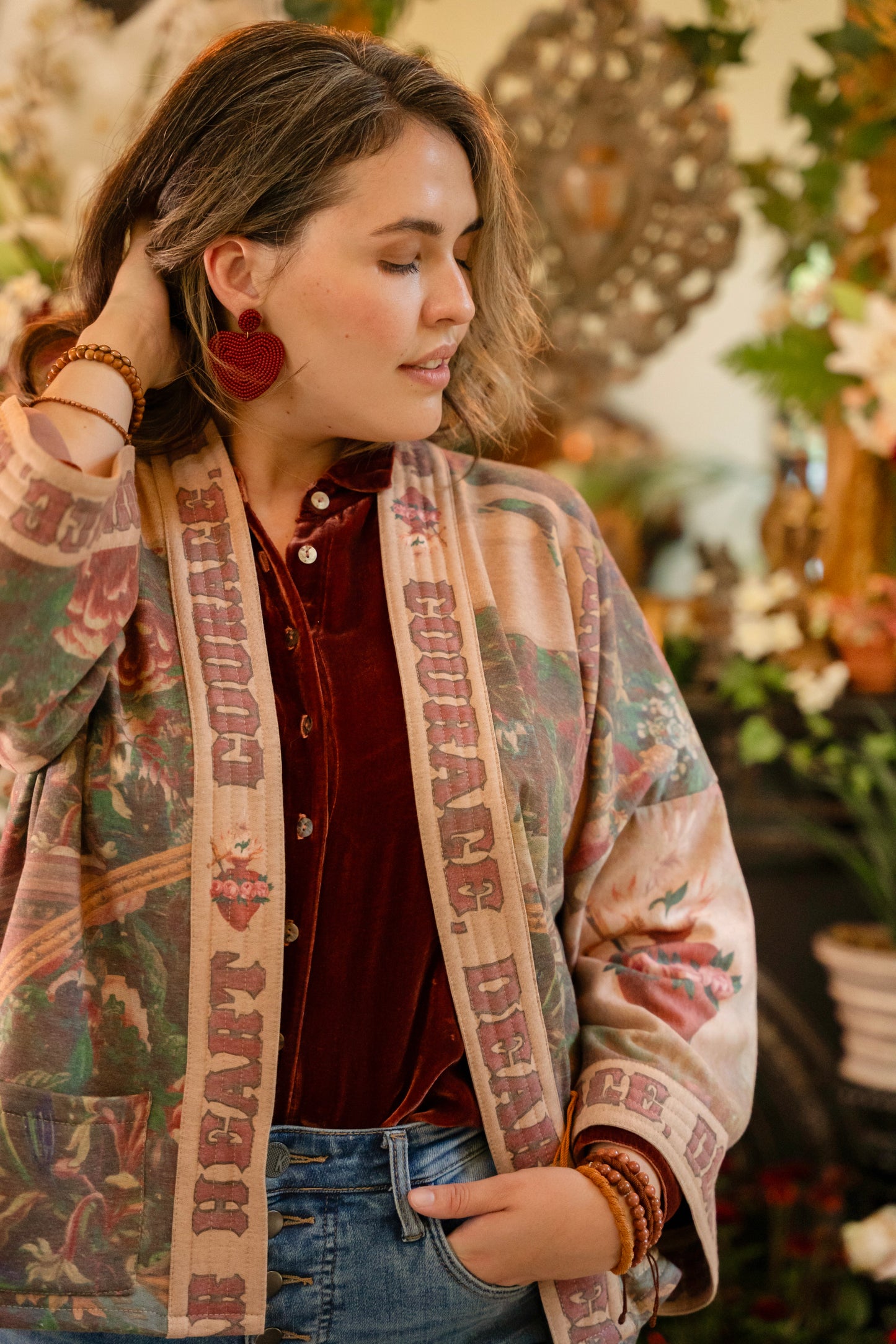 Cozy Courage Dear Heart Cottage Jacket featuring Victorian Sacred Heart art, hidden affirmations of courage and love, and soft fleece lining for cooler days – Market of Stars.