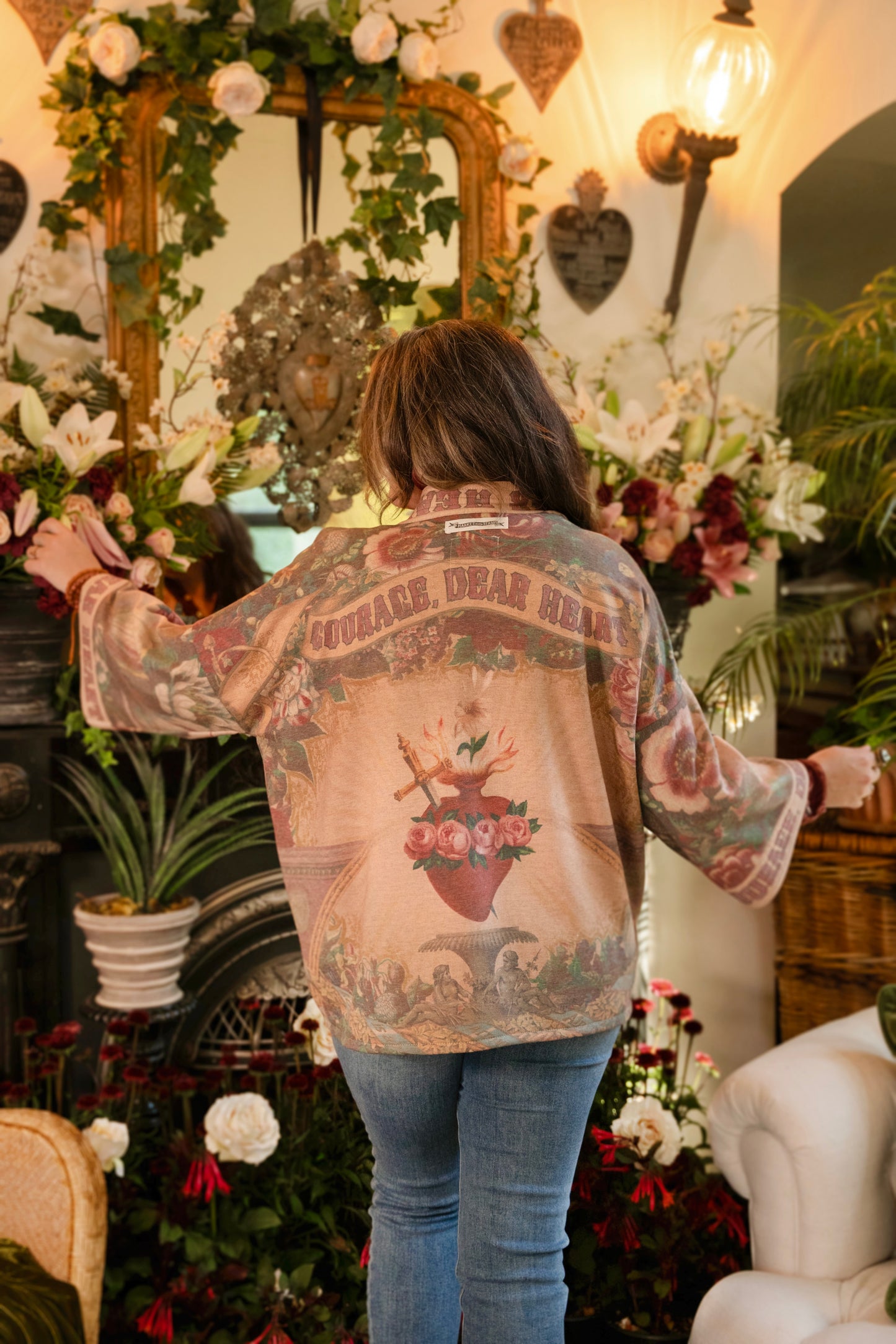 Cozy Courage Dear Heart Cottage Jacket featuring Victorian Sacred Heart art, hidden affirmations of courage and love, and soft fleece lining for cooler days – Market of Stars.