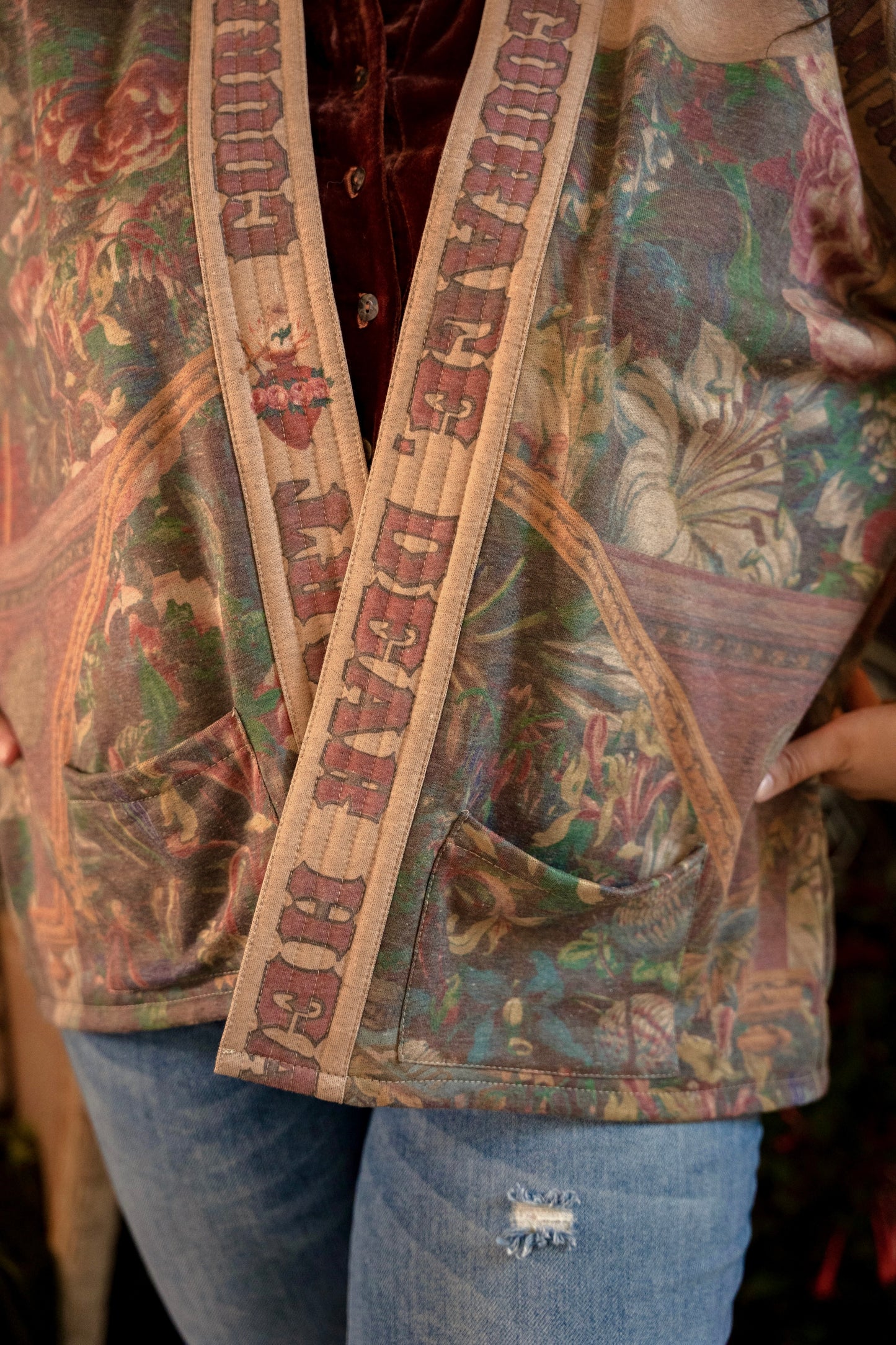 Cozy Courage Dear Heart Cottage Jacket featuring Victorian Sacred Heart art, hidden affirmations of courage and love, and soft fleece lining for cooler days – Market of Stars.