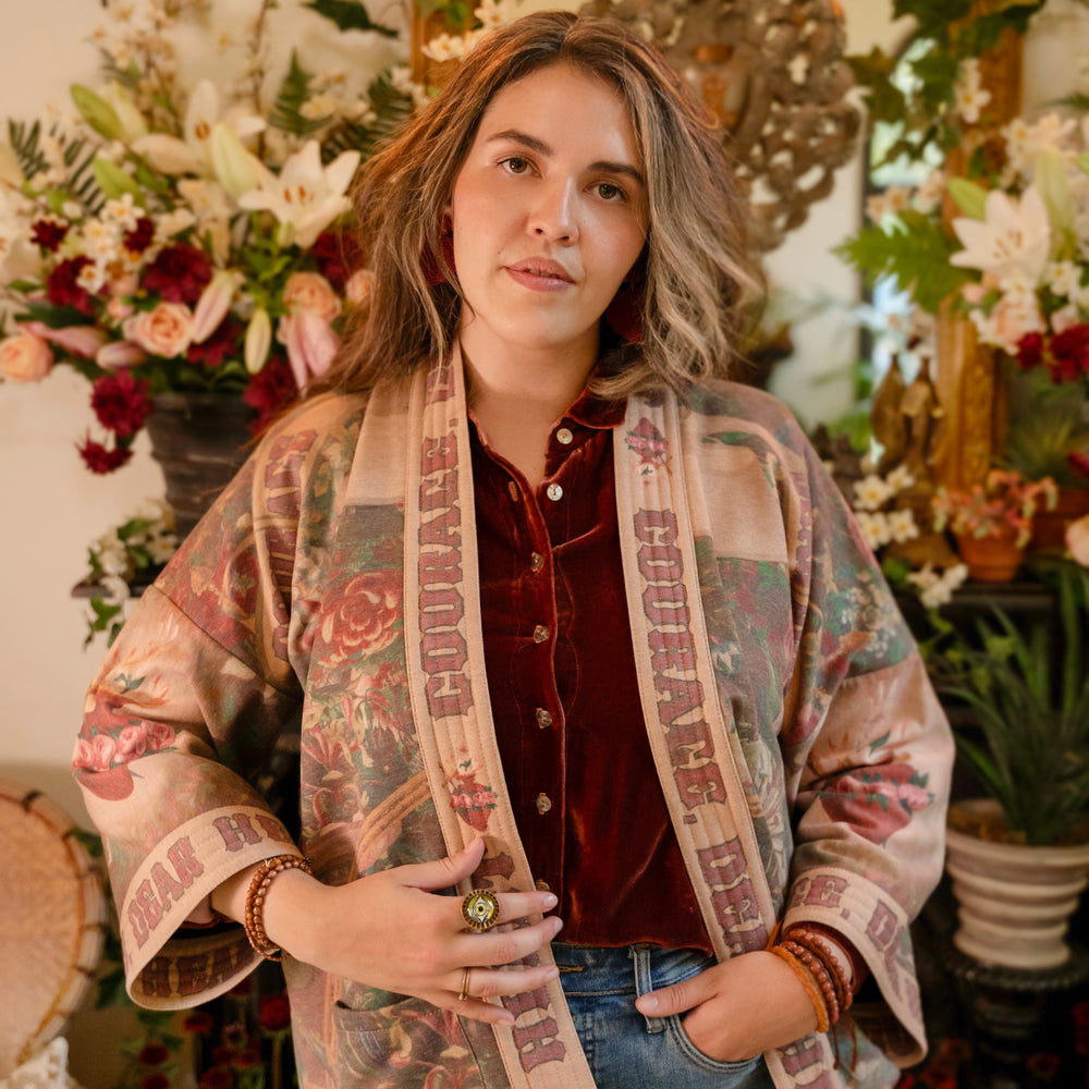 
                  
                    Cozy Courage Dear Heart Cottage Jacket featuring Victorian Sacred Heart art, hidden affirmations of courage and love, and soft fleece lining for cooler days – Market of Stars.
                  
                