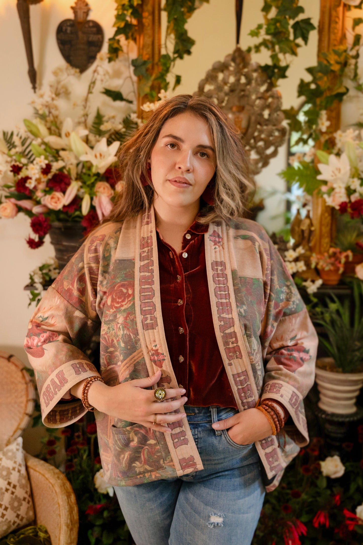 Cozy Courage Dear Heart Cottage Jacket featuring Victorian Sacred Heart art, hidden affirmations of courage and love, and soft fleece lining for cooler days – Market of Stars.