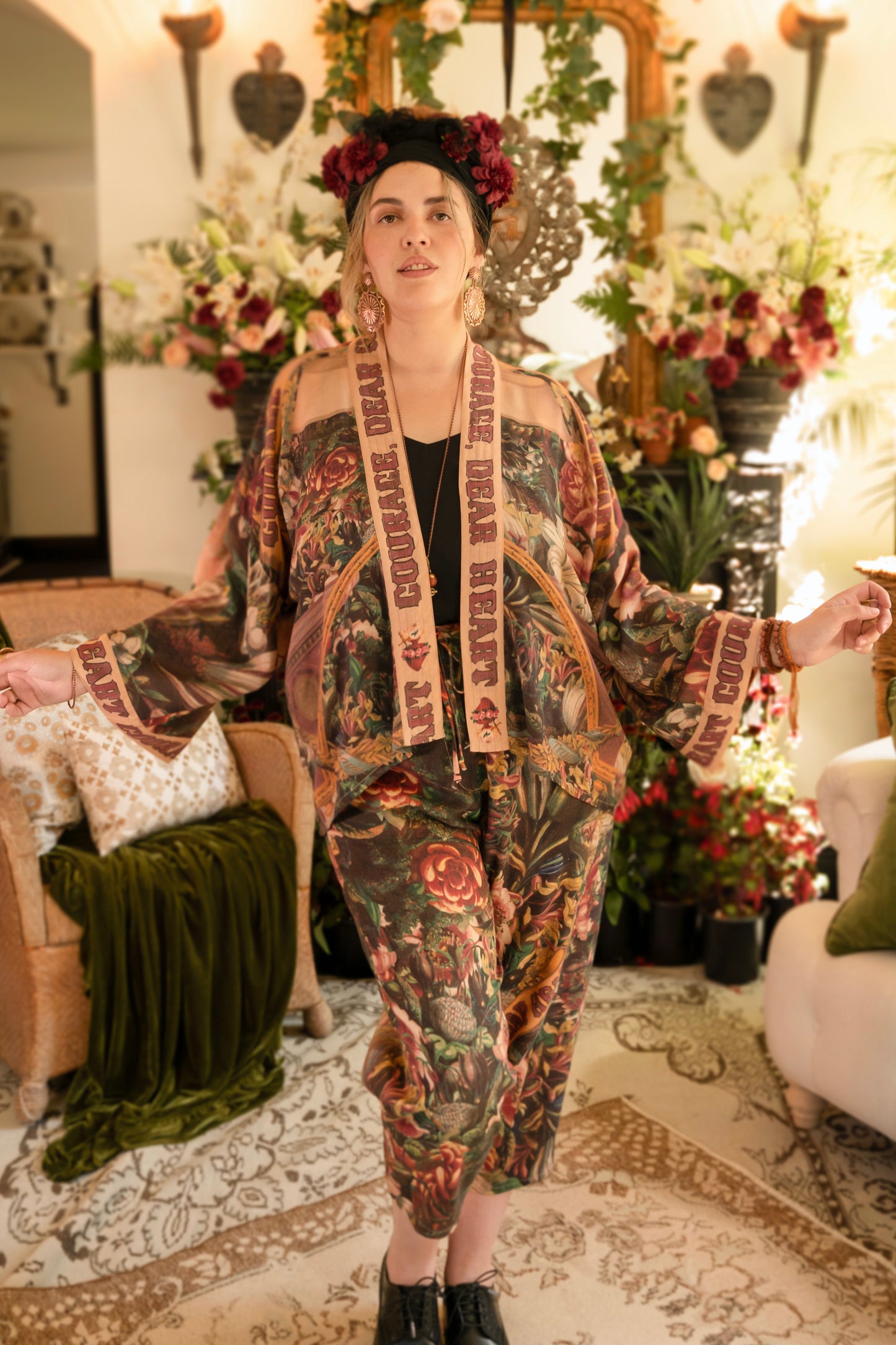 Artfully printed Courage Dear Heart Artist Pants with floral lithographs and hidden messages of love, faith, and courage in a breathable linen blend – Market of Stars.