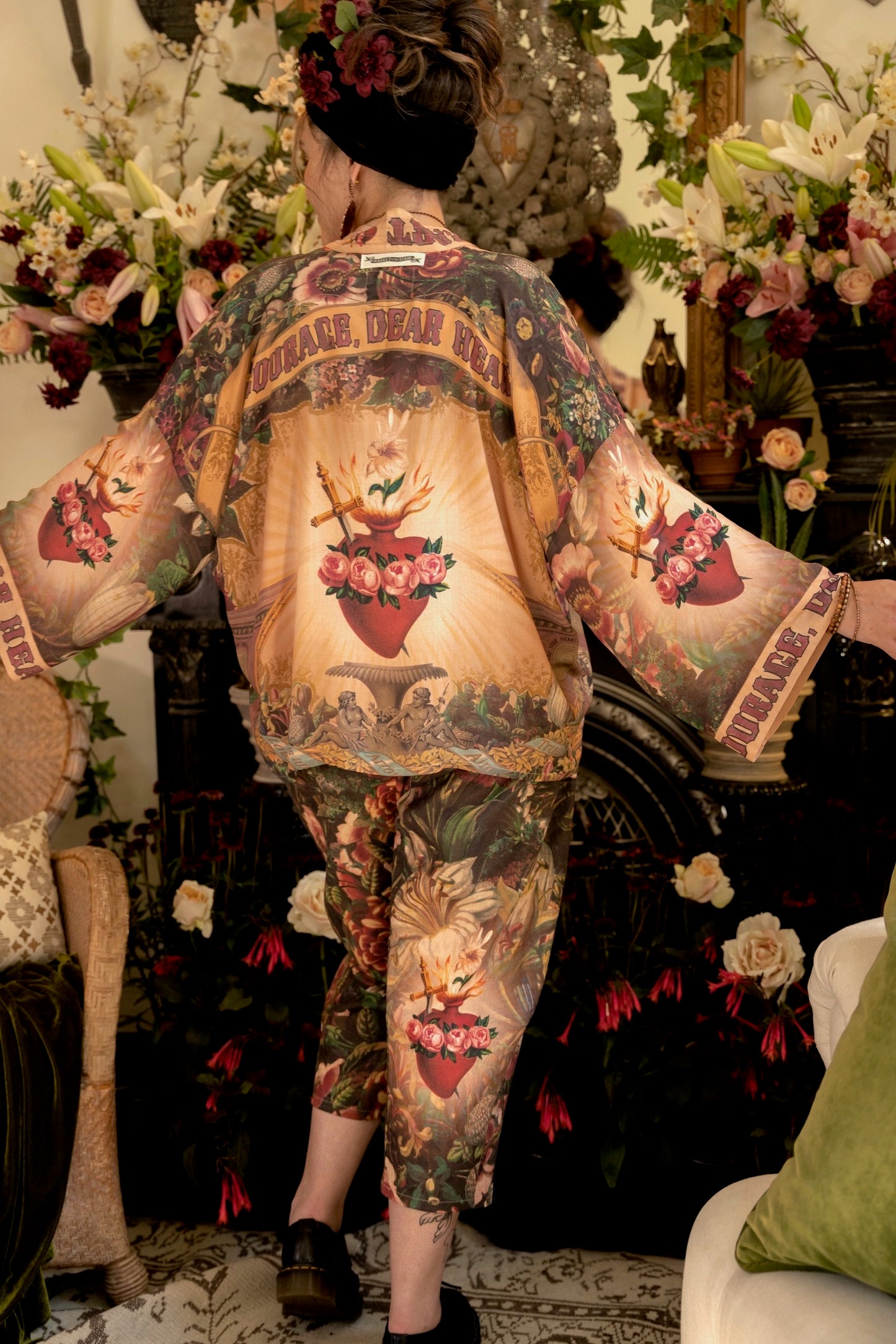 Artfully printed Courage Dear Heart Artist Pants with floral lithographs and hidden messages of love, faith, and courage in a breathable linen blend – Market of Stars.
