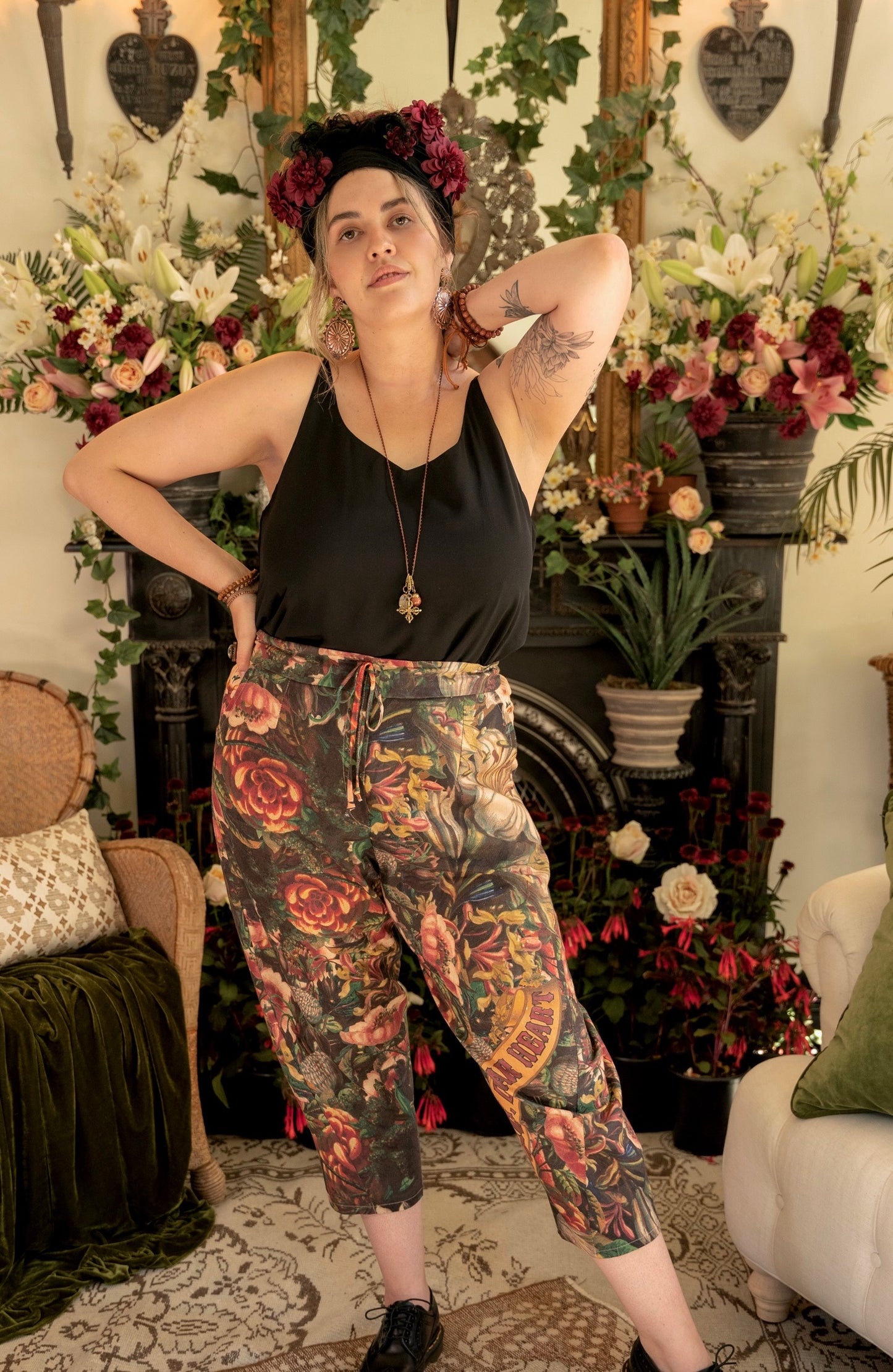 Artfully printed Courage Dear Heart Artist Pants with floral lithographs and hidden messages of love, faith, and courage in a breathable linen blend – Market of Stars.