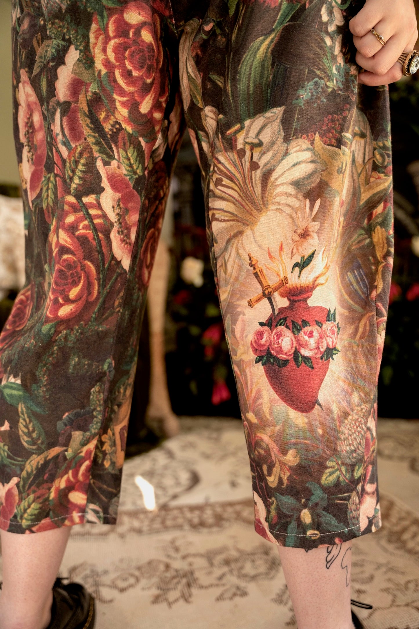 Artfully printed Courage Dear Heart Artist Pants with floral lithographs and hidden messages of love, faith, and courage in a breathable linen blend – Market of Stars.
