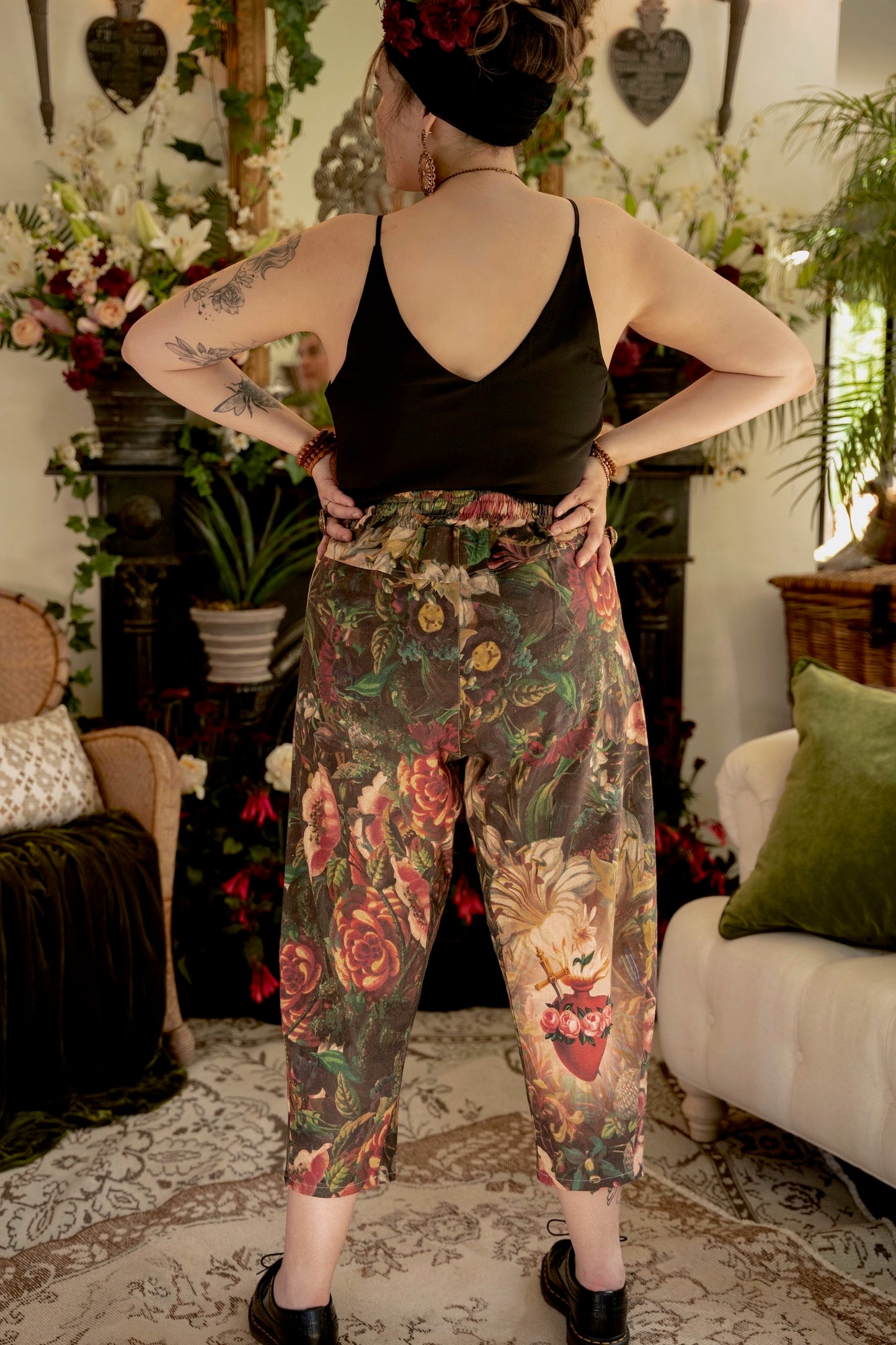 Artfully printed Courage Dear Heart Artist Pants with floral lithographs and hidden messages of love, faith, and courage in a breathable linen blend – Market of Stars.
