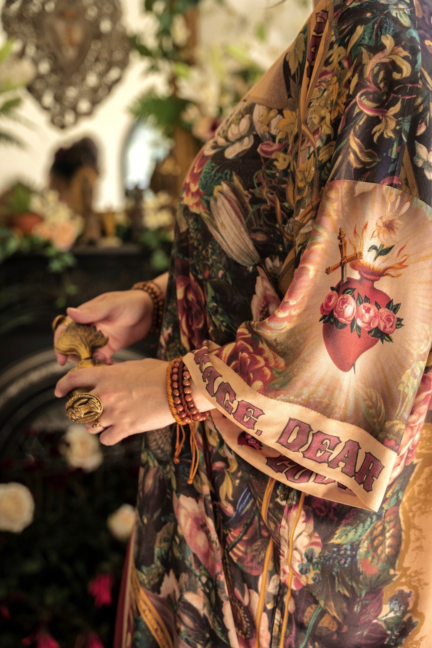 Model wearing Take Heart Opera Duster featuring Victorian Sacred Heart art, hidden affirmations of love, courage, and strength on bamboo-based viscose – Market of Stars