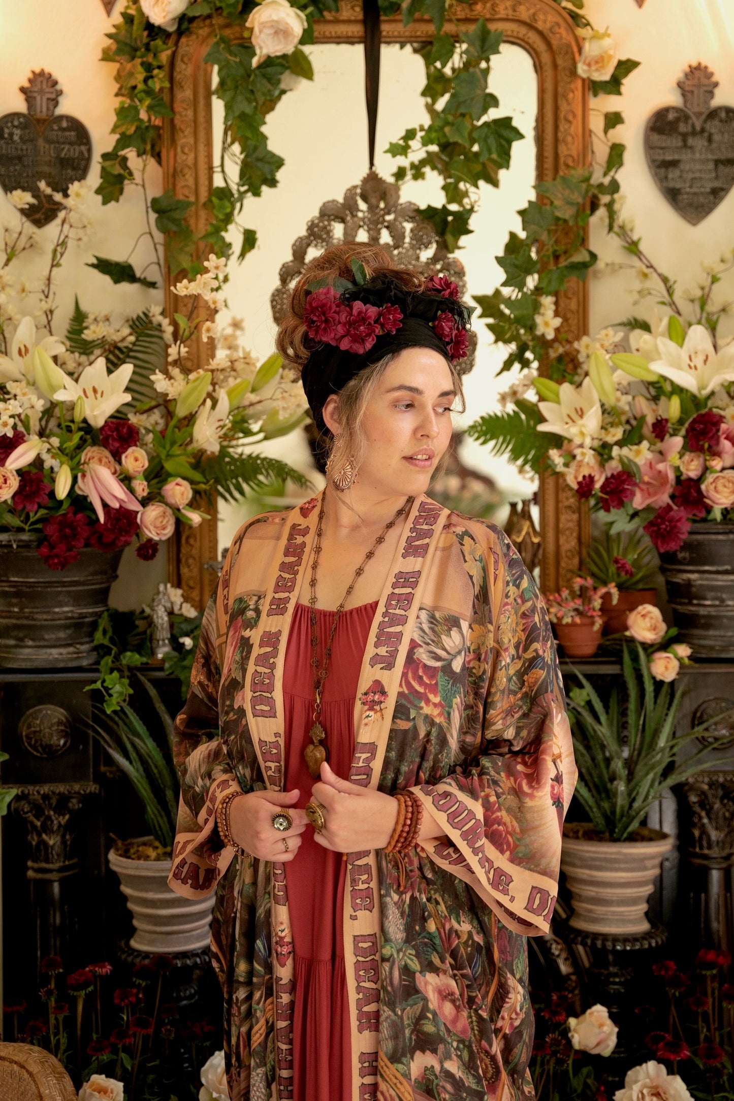 Model wearing Take Heart Opera Duster featuring Victorian Sacred Heart art, hidden affirmations of love, courage, and strength on bamboo-based viscose – Market of Stars