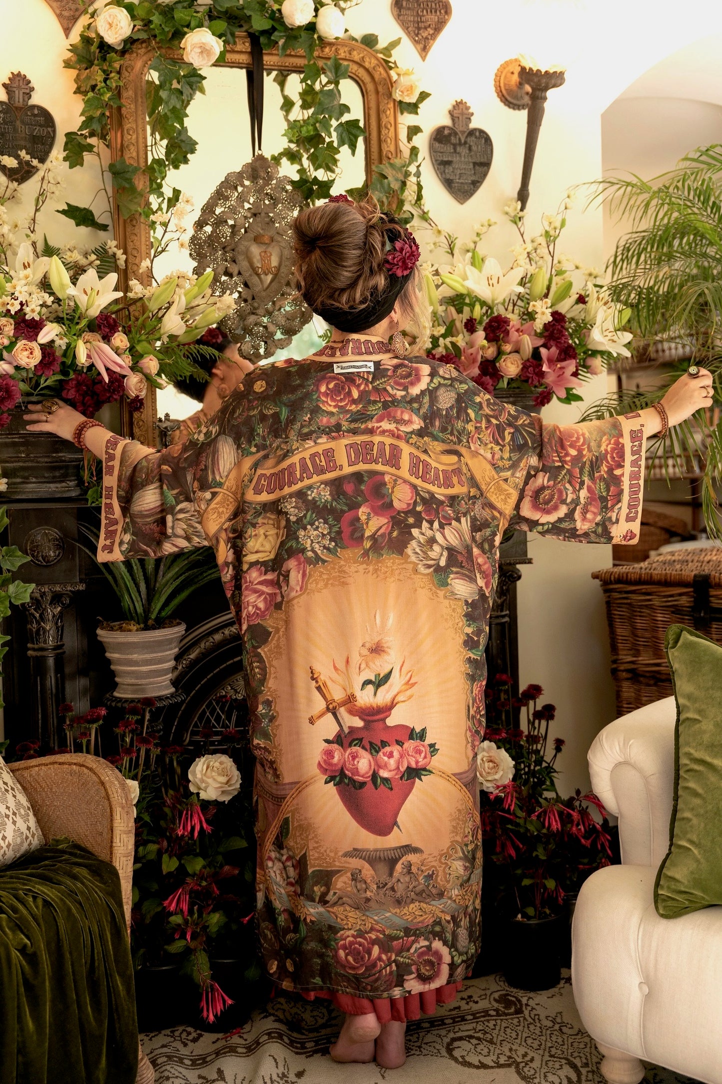 Model wearing Take Heart Opera Duster featuring Victorian Sacred Heart art, hidden affirmations of love, courage, and strength on bamboo-based viscose – Market of Stars