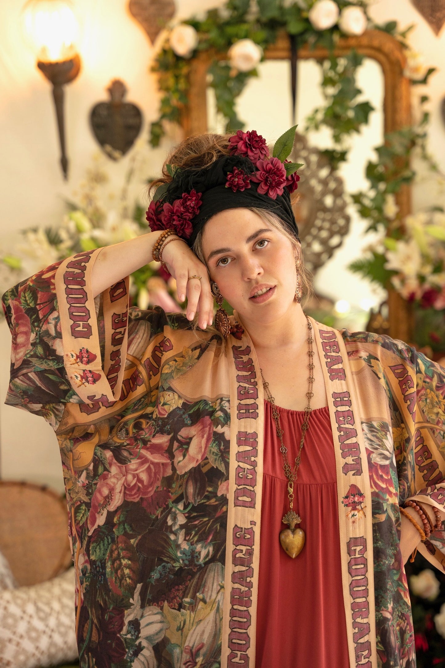 Model wearing Take Heart Opera Duster featuring Victorian Sacred Heart art, hidden affirmations of love, courage, and strength on bamboo-based viscose – Market of Stars