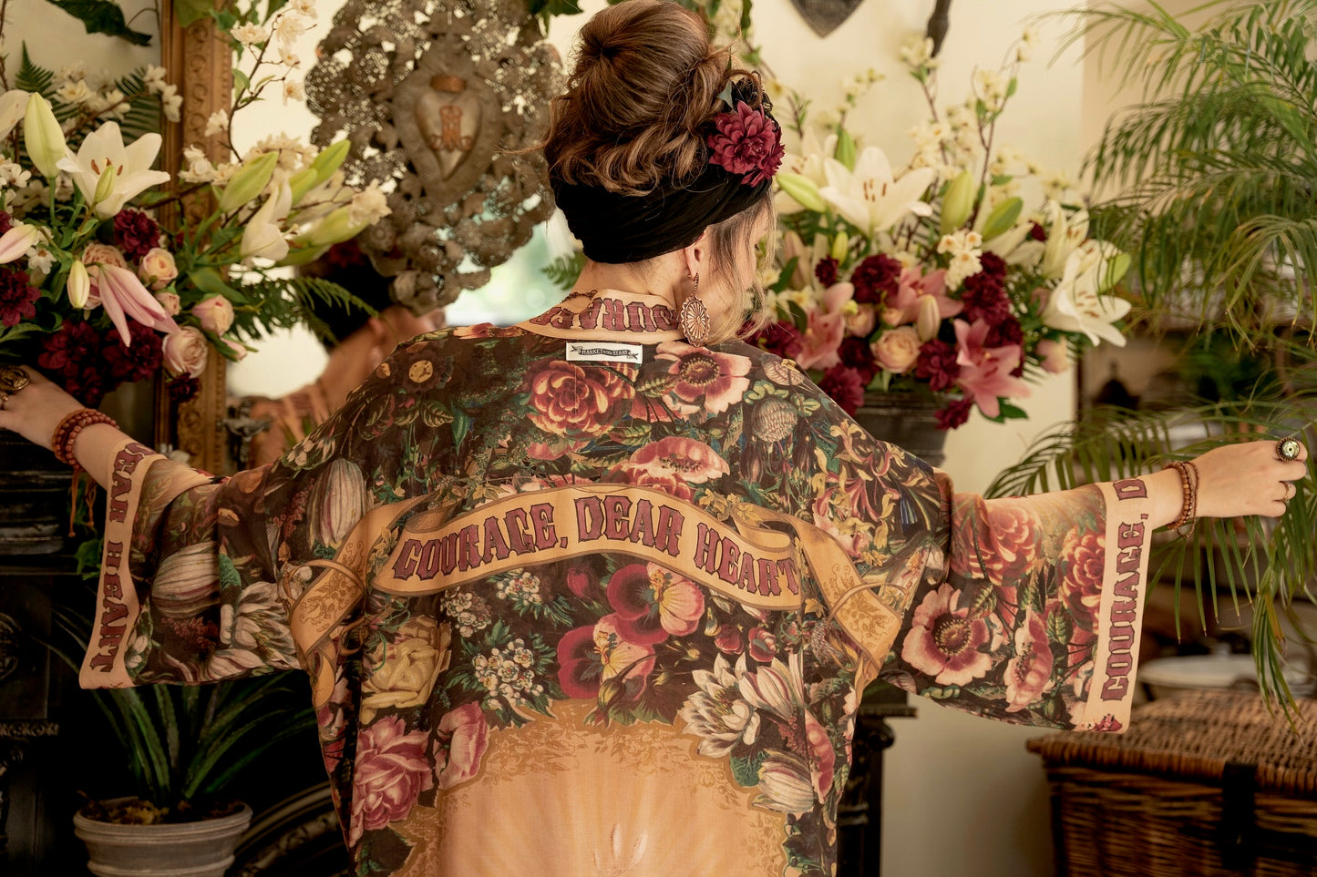 Model wearing Take Heart Opera Duster featuring Victorian Sacred Heart art, hidden affirmations of love, courage, and strength on bamboo-based viscose – Market of Stars
