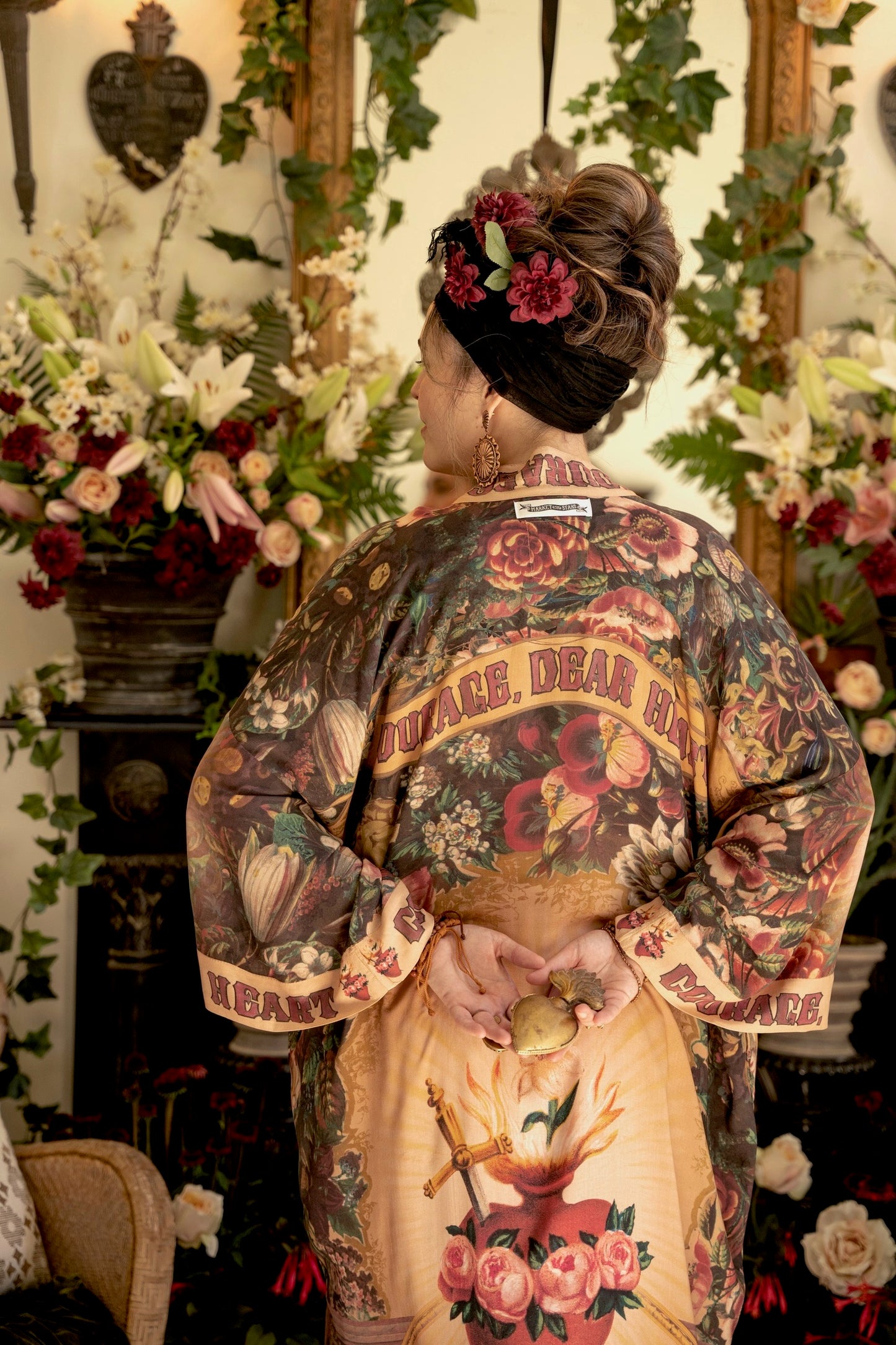 Model wearing Take Heart Opera Duster featuring Victorian Sacred Heart art, hidden affirmations of love, courage, and strength on bamboo-based viscose – Market of Stars