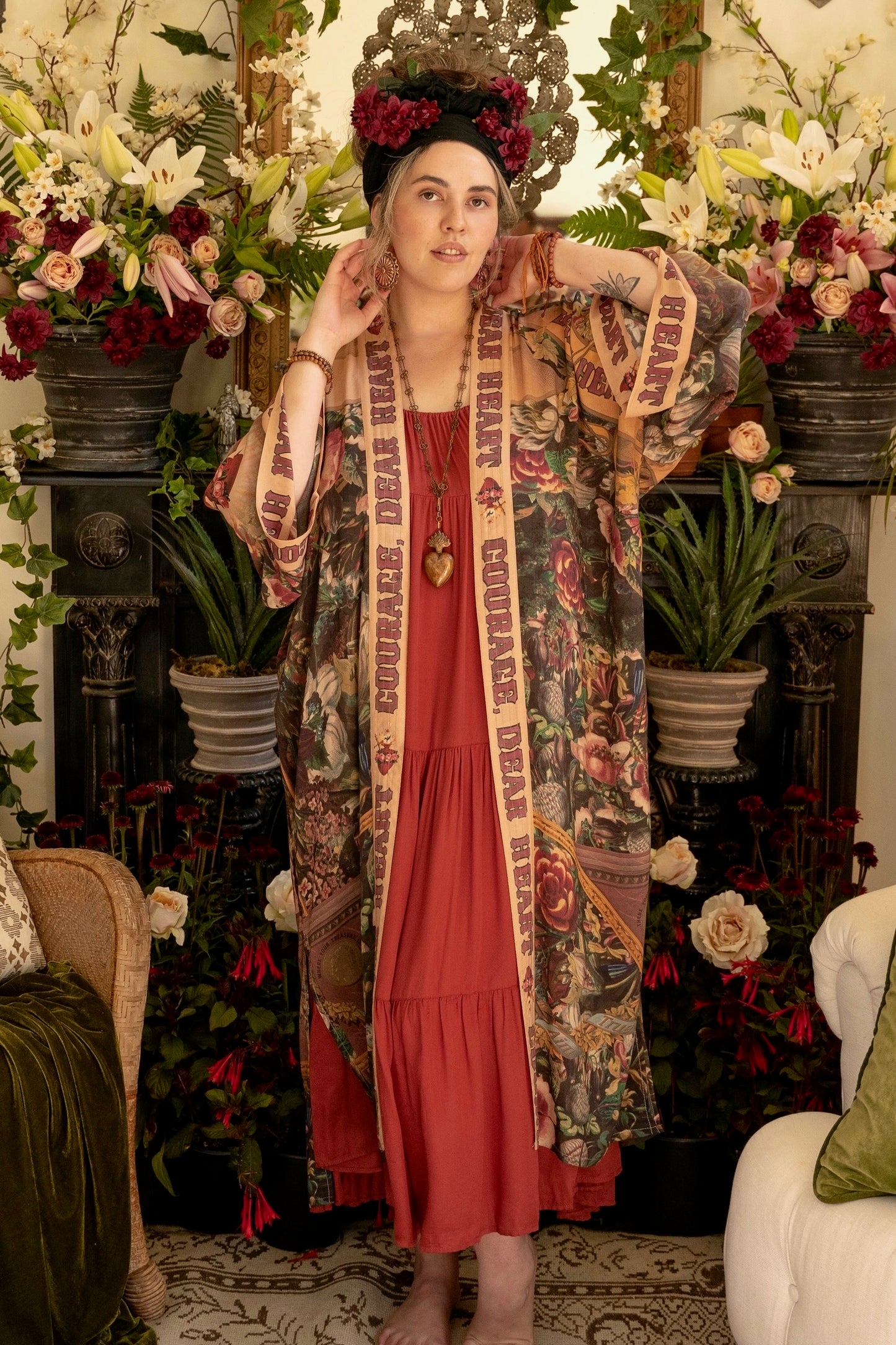 Model wearing Take Heart Opera Duster featuring Victorian Sacred Heart art, hidden affirmations of love, courage, and strength on bamboo-based viscose – Market of Stars