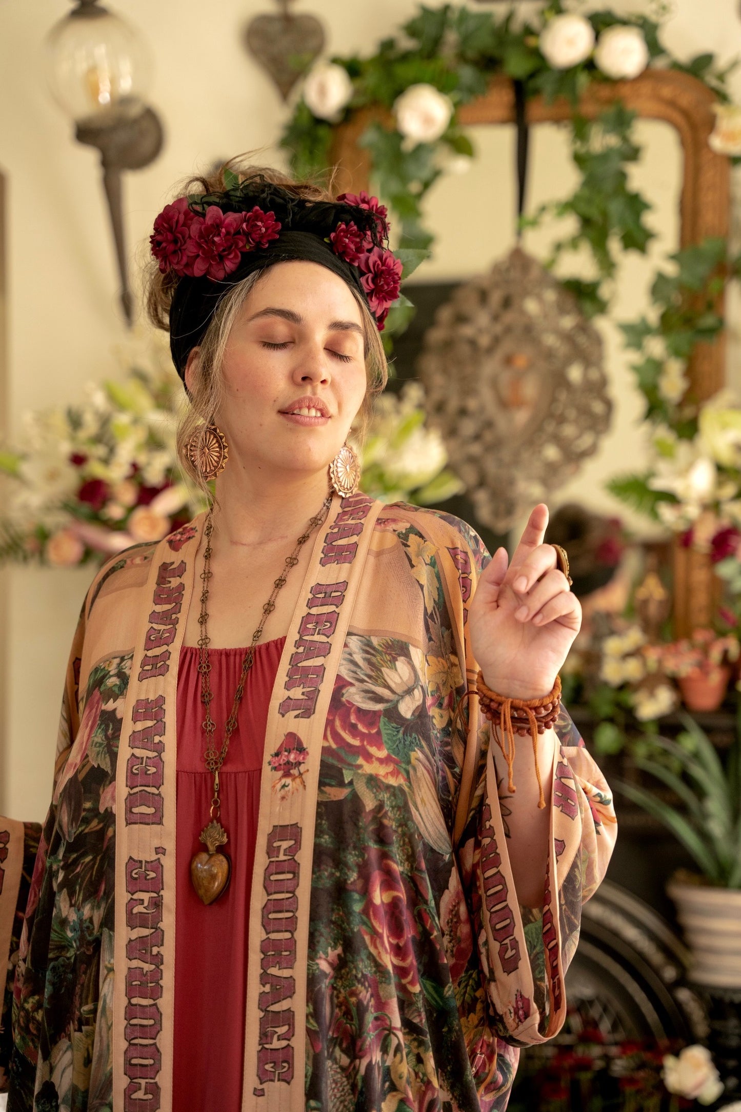 Model wearing Take Heart Opera Duster featuring Victorian Sacred Heart art, hidden affirmations of love, courage, and strength on bamboo-based viscose – Market of Stars