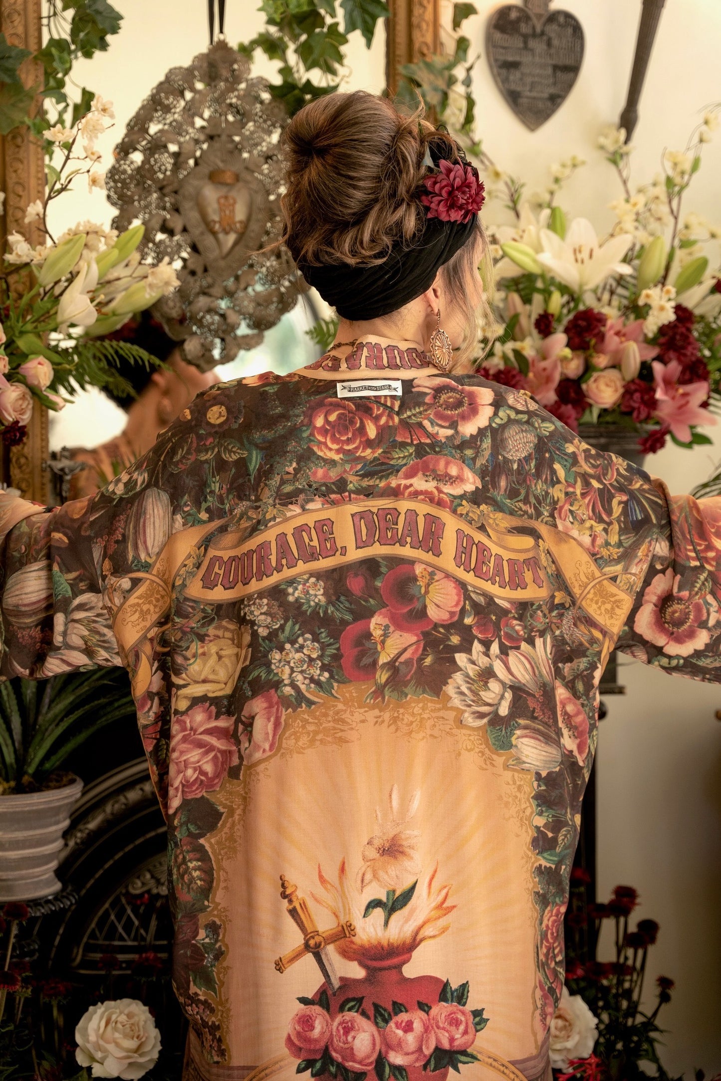 Model wearing Take Heart Opera Duster featuring Victorian Sacred Heart art, hidden affirmations of love, courage, and strength on bamboo-based viscose – Market of Stars